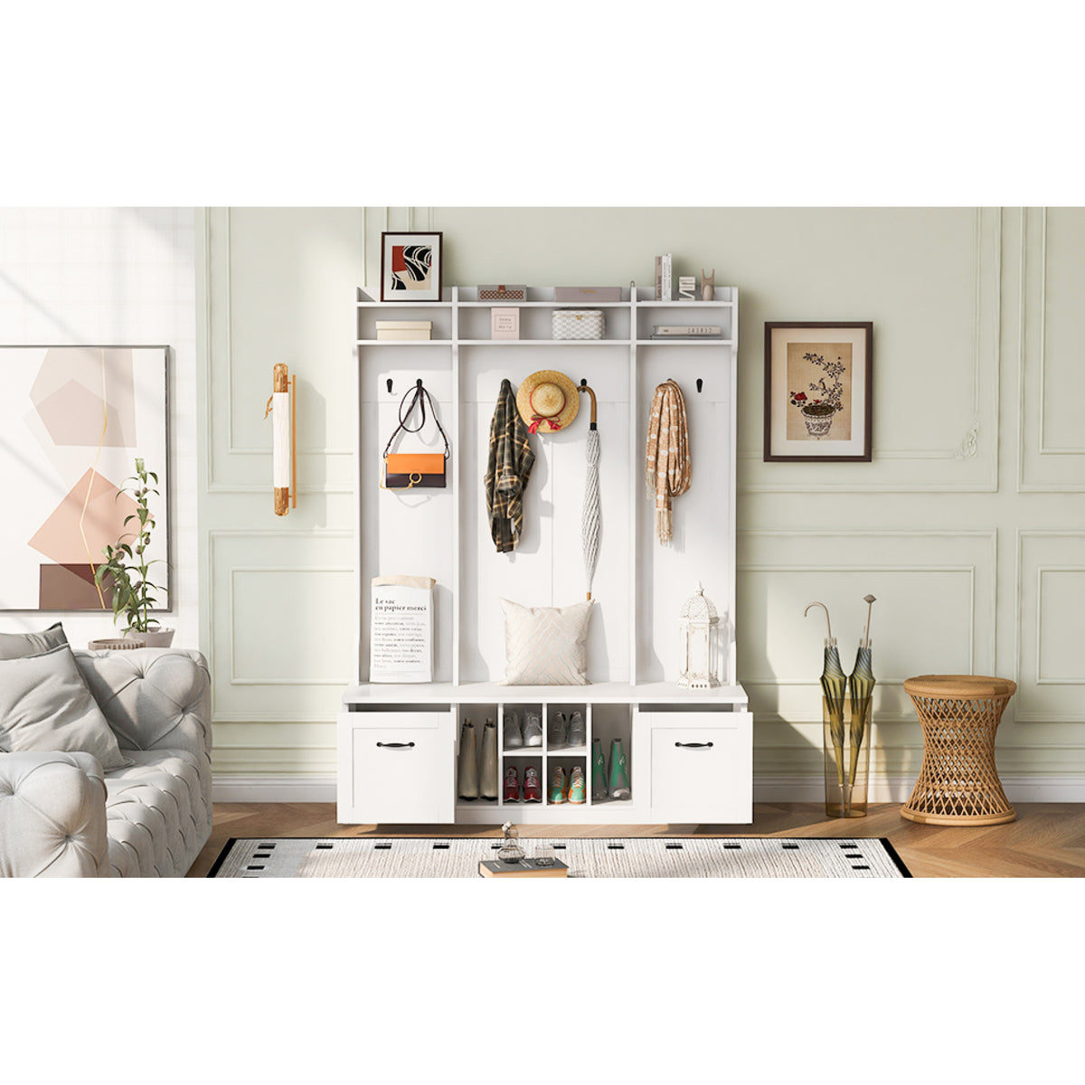 variant-group:rf-n724p235232k|Roomfitters 5-in-1 Entryway Bench with Coat Rack, Hooks, Drawers and Adjustable Shelves, Hall Tree for Hallway or Living Room, White