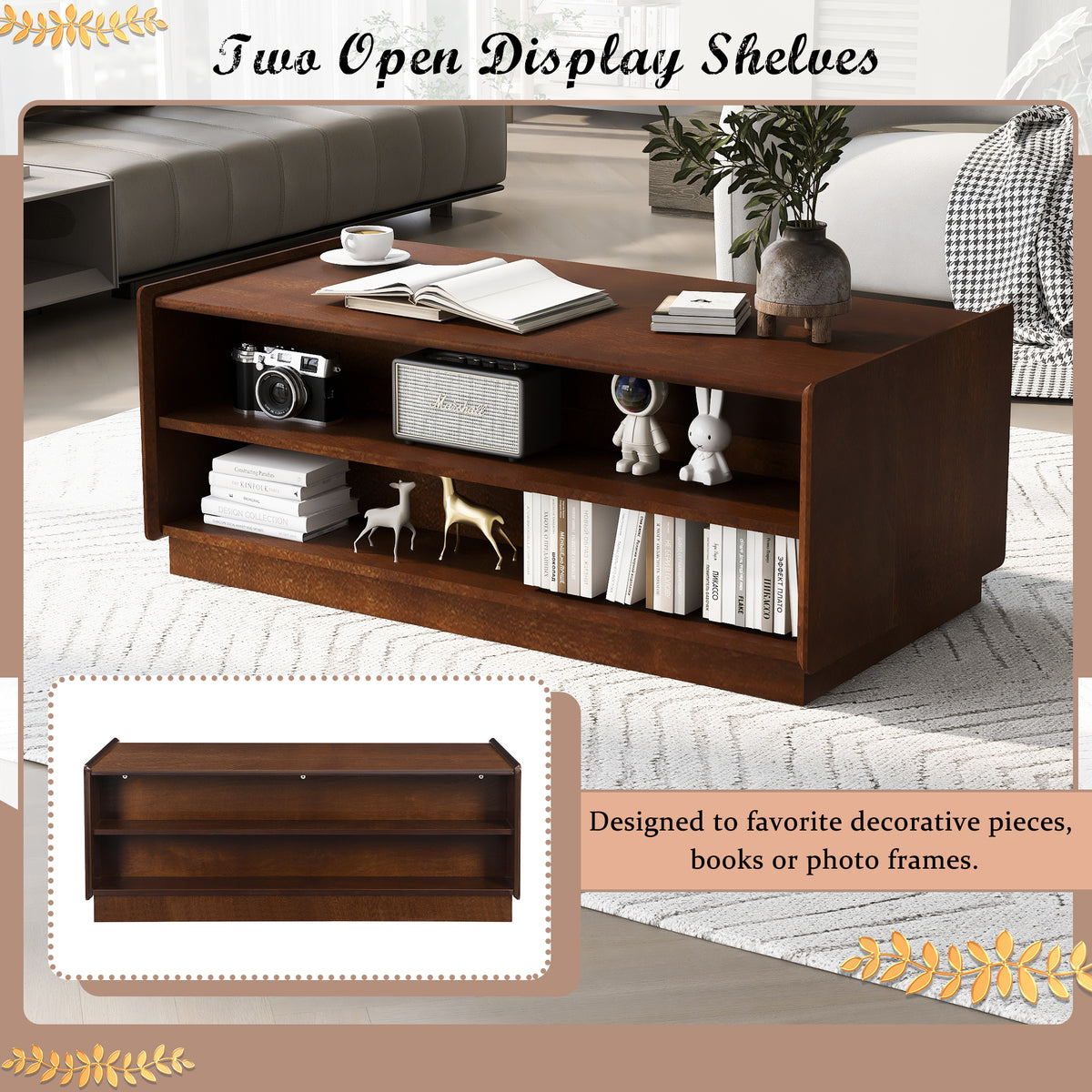 variant-group:rf-n724p286421d|Roomfitters Rectangle Coffee Table with Fluted Style, 4 Storage Compartments and Glass Display Shelves, Brown