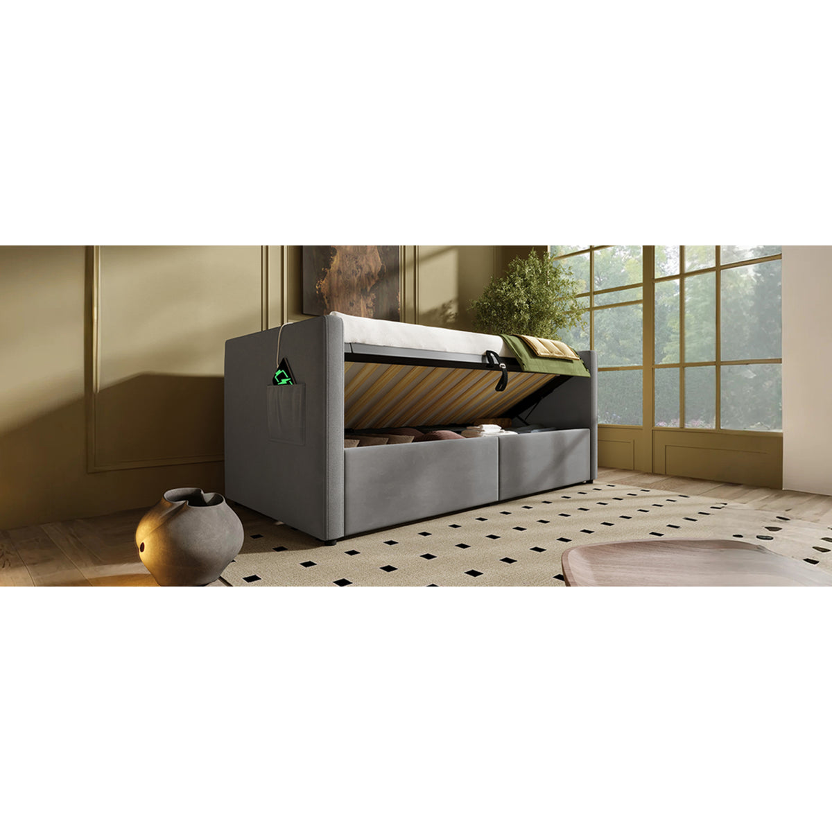 variant-group:rf-n736p303402g|Roomfitters Upholstered Twin Size Daybed with Storage, USB & Type-C Charging, Tufted Sofa Back, Velvet Gray