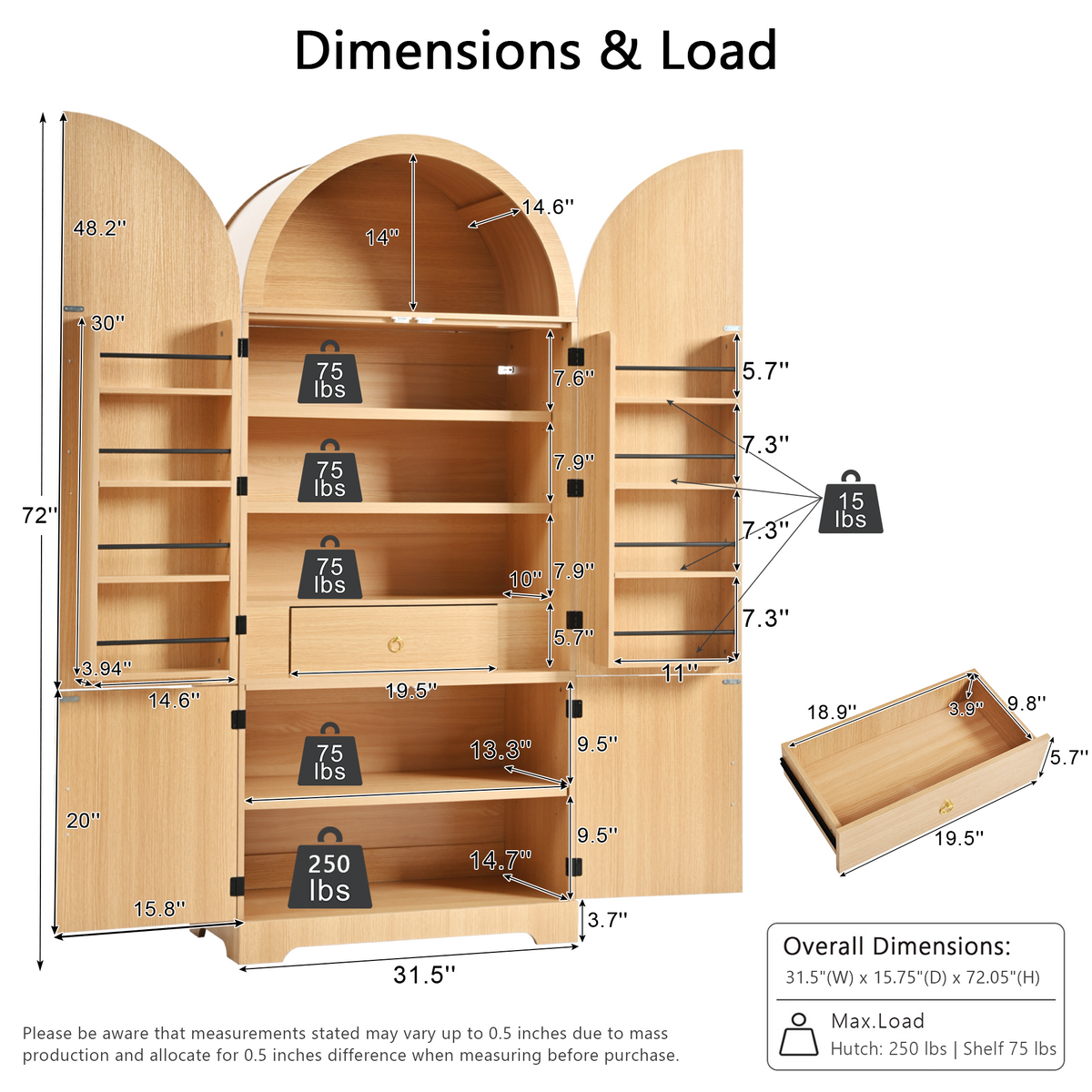 variant-group:rf-n707s000020y|Roomfitters 72" Tall Arched Kitchen Pantry Cabinet with Fluted Doors & Hidden Drawer, Natural