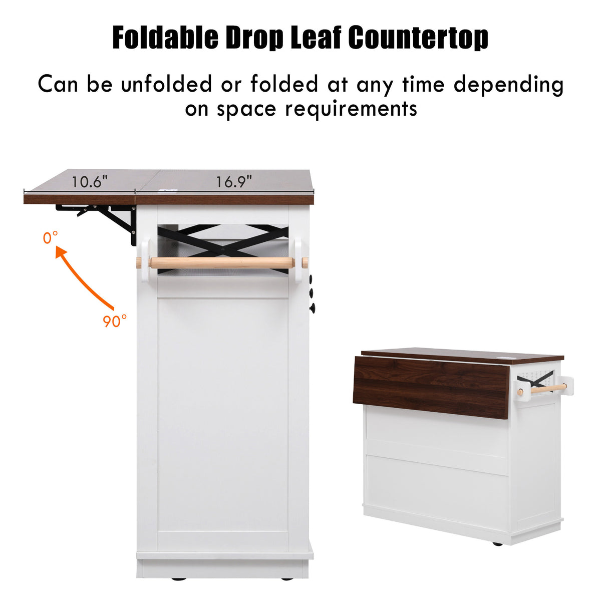 variant-group:rf-n707p254872w|Roomfitters 46.5" Rolling Kitchen Island with Drop Leaf, Mobile Cart with 2 AC Outlets & USB, Beaded Drape & 3 Drawers, White