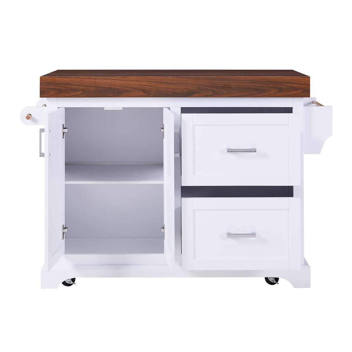 variant-group:rf-n707s000025w|Roomfitters 53" Kitchen Island with Butcher Block Top, Storage Cabinet with Drawers, Spice Rack and Towel Holder, White