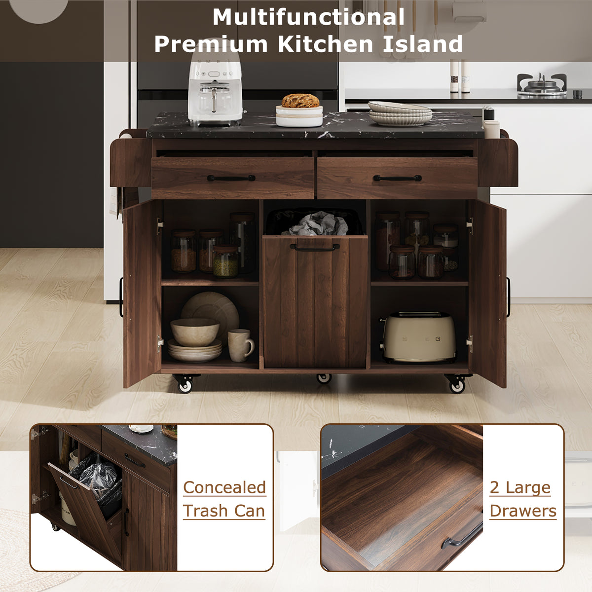 variant-group:rf-n707wf326381aaz|Roomfitters Kitchen Island with Trash Can Storage Cabinet, Grey - Drop Leaf, Spice Rack, Towel Rack, Drawer, Adjustable Shelf, Rolling Island on Wheels, Walnut Brown