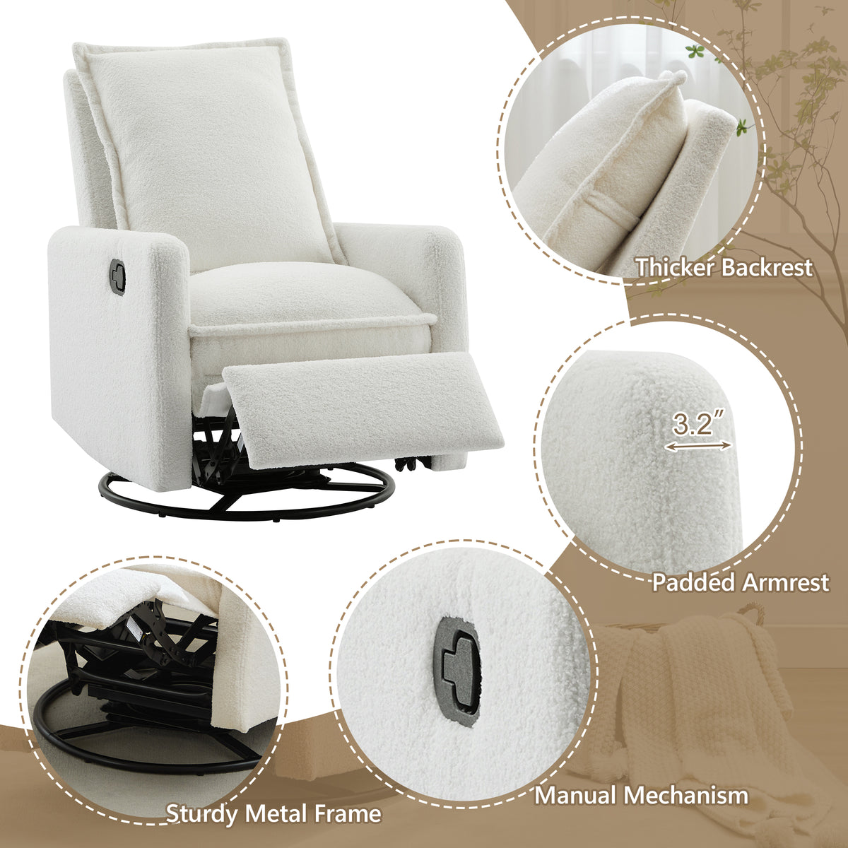 variant-group:rf-n701p348238k|Roomfitters Swivel Rocker Recliner Chair, Glider Rocking Armchair, Teddy Fleece Nursery Reclining Lounge Accent Chair, White