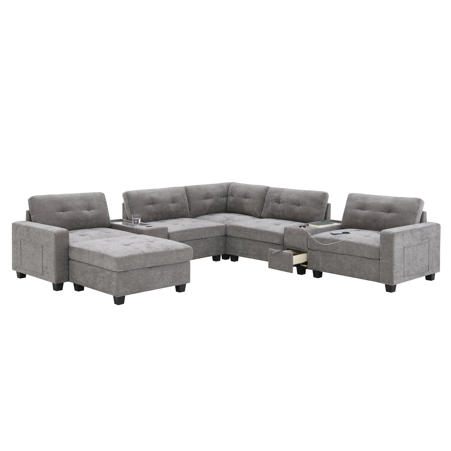 variant-group:rf-n723s1191e|Roomfitters 104 Inch Modular Sectional Sofa with Console and Cup Holders, Upholstered L-Shape Couch for Home Decor, Gray