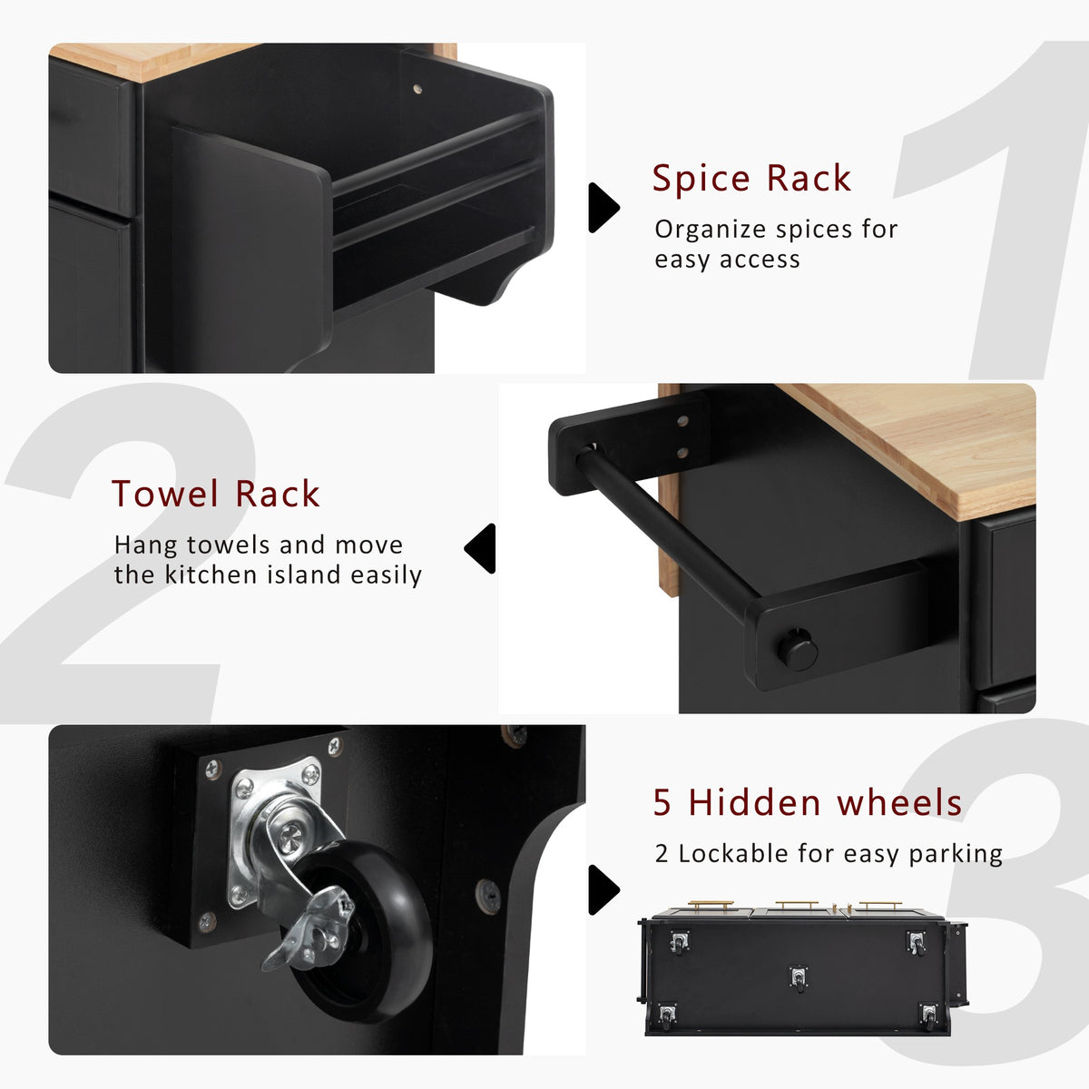 variant-group:rf-n707s299014b|Roomfitters 59.3" Kitchen Island with Power Outlet, Drop Leaf and Double Trash Can Pull Out, Rolling Cart, Black