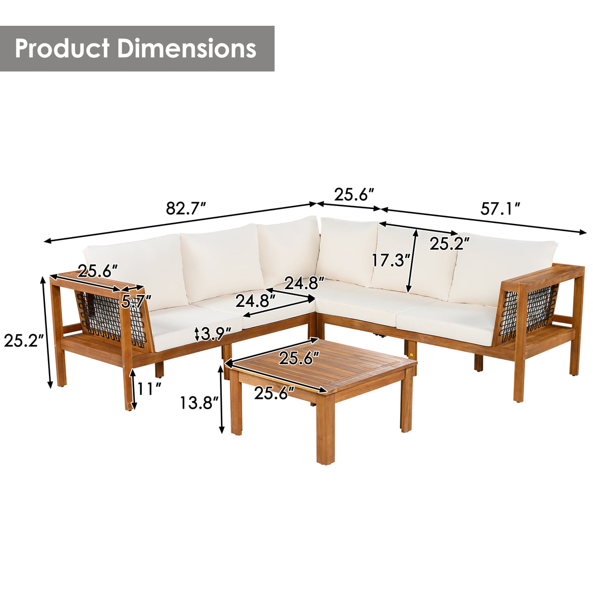 variant-group:rf-n704f201249n|Roomfitters 4-Piece Outdoor Sectional Sofa Set with Coffee Table and Built-in Side Shelves, Wood Frame, Beige+Teak