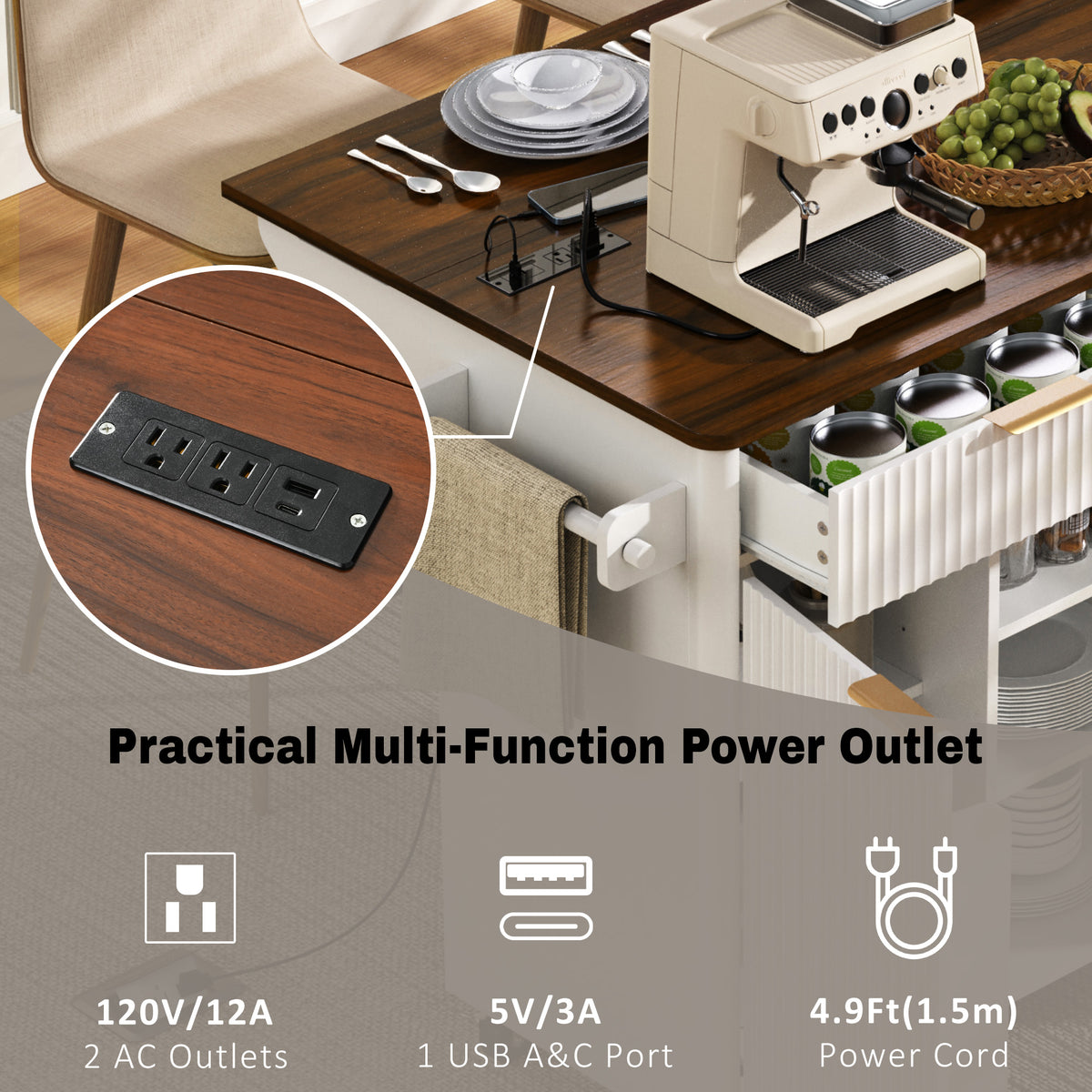 variant-group:rf-n707s000019w|Roomfitters 52" Fluted Kitchen Island with Drop Leaf, Power Outlet & Walnut Wood-Grain Top, White