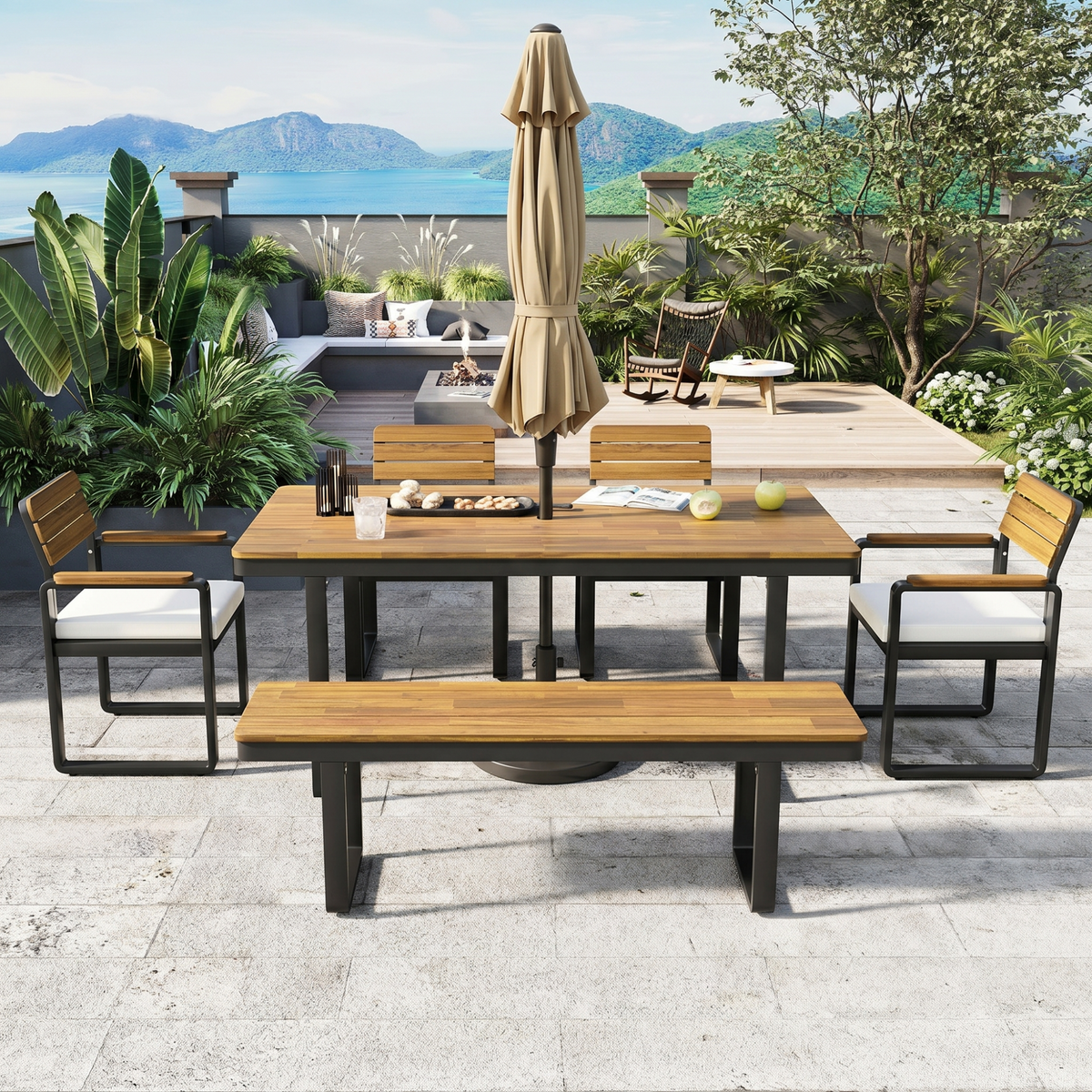 variant-group:rf-n704g201255a|Roomfitters 6-Piece Solid Acacia Wood Patio Dining Set with Steel Frames and Cushion Chairs Beige