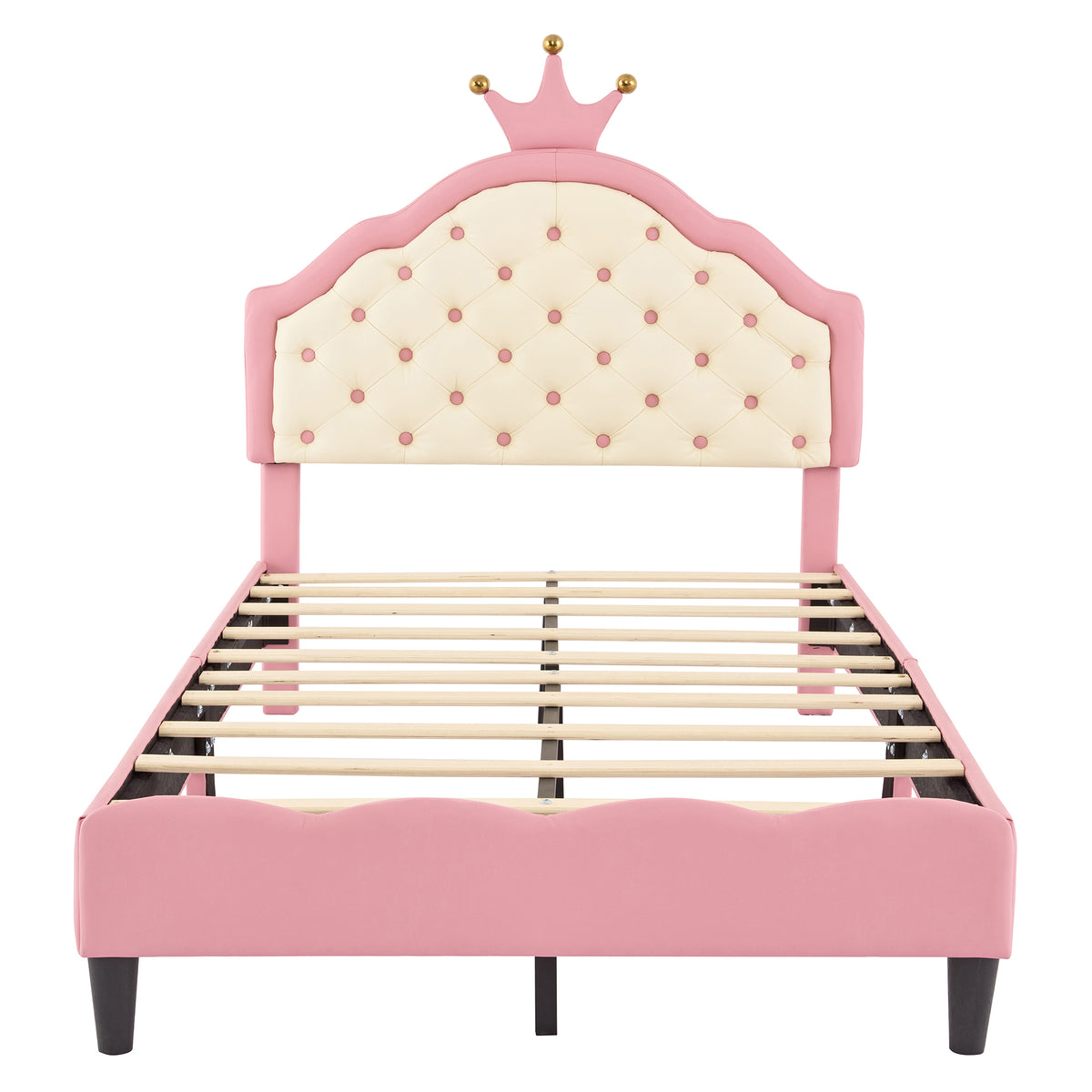 variant-group:rf-n733p198760h|Roomfitters Twin Size Upholstered Princess Bed with Crown Design, Elegant PU Leather Platform Bed with Tufted Headboard for a Stylish Bedroom, Pink + Cream
