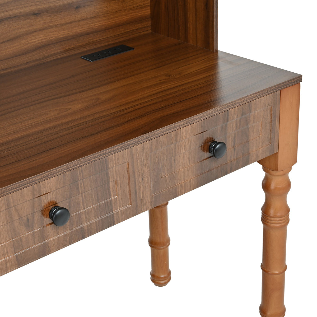 Roomfitters 47'' Retro Desk with Charging Ports and Hutch, Office Desk with 5 Storage Drawers and Glass Bookshelf, Walnut