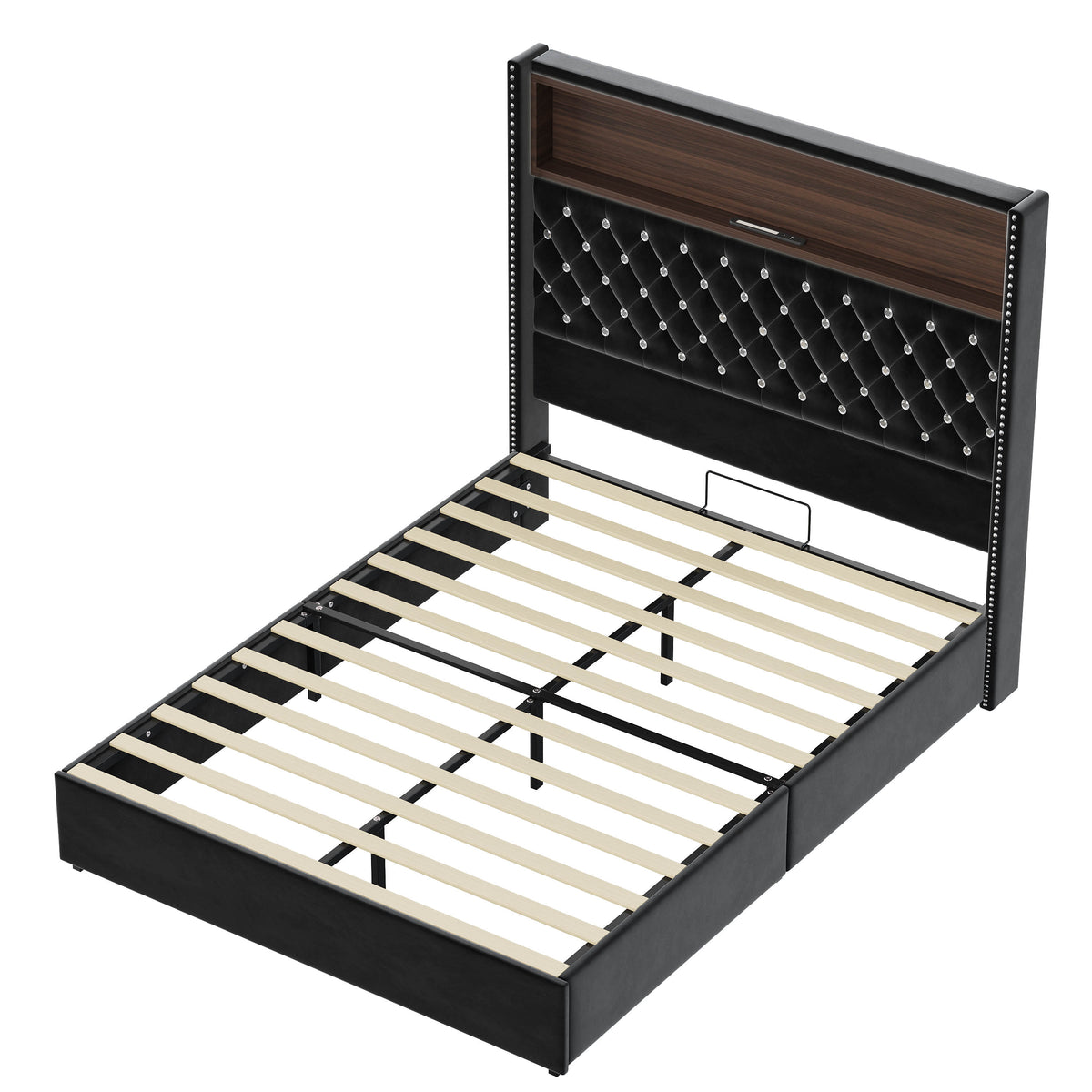 variant-group:rf-n733p368653b|Roomfitters Full Velvet Tufted Platform Bed with Charging Ports, Tall Wingback Headboard with Rivet Trim and Shelf, Black