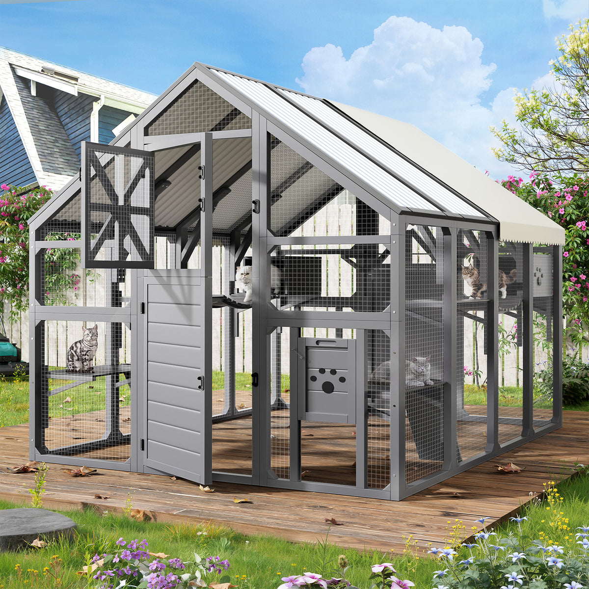 variant-group:rf-n704g201618e|Roomfitters Extra Large Outdoor Catio Cat Enclosure with Cooling PVC Roof and Insulated Boxes Gray