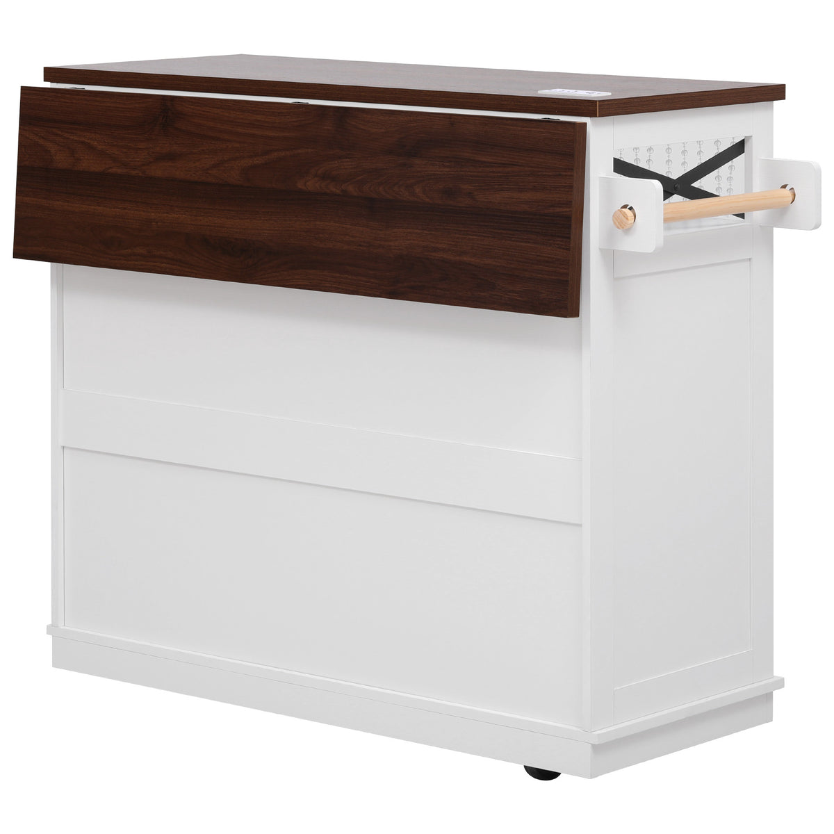 variant-group:rf-n707p254872w|Roomfitters 46.5" Rolling Kitchen Island with Drop Leaf, Mobile Cart with 2 AC Outlets & USB, Beaded Drape & 3 Drawers, White