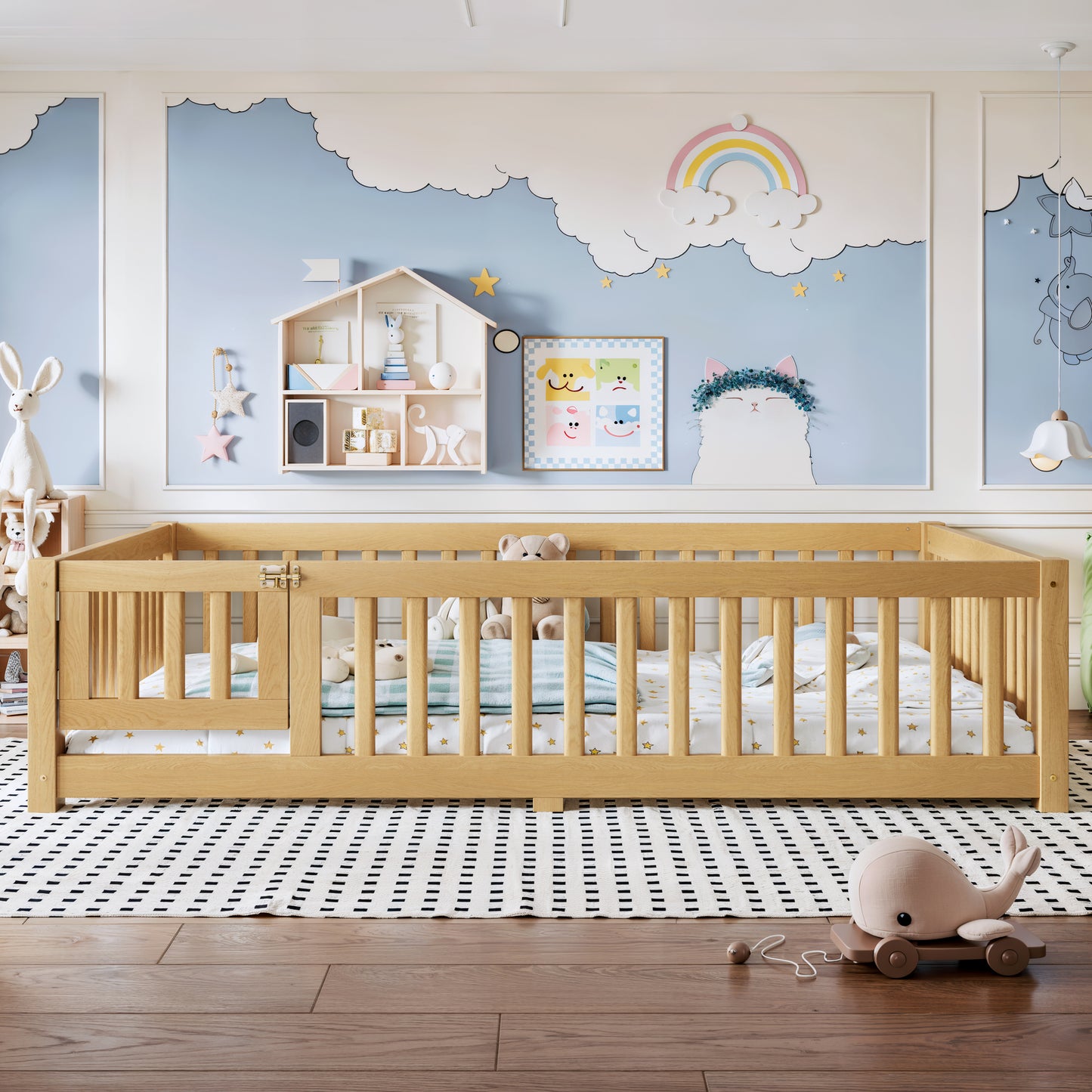 variant-group:rf-w1580p462323|Roomfitters Full Size Wooden Floor Bed Frame with Safety Guardrails Door, Solid Wood Low Profile Toddler Play Bed, Natural
