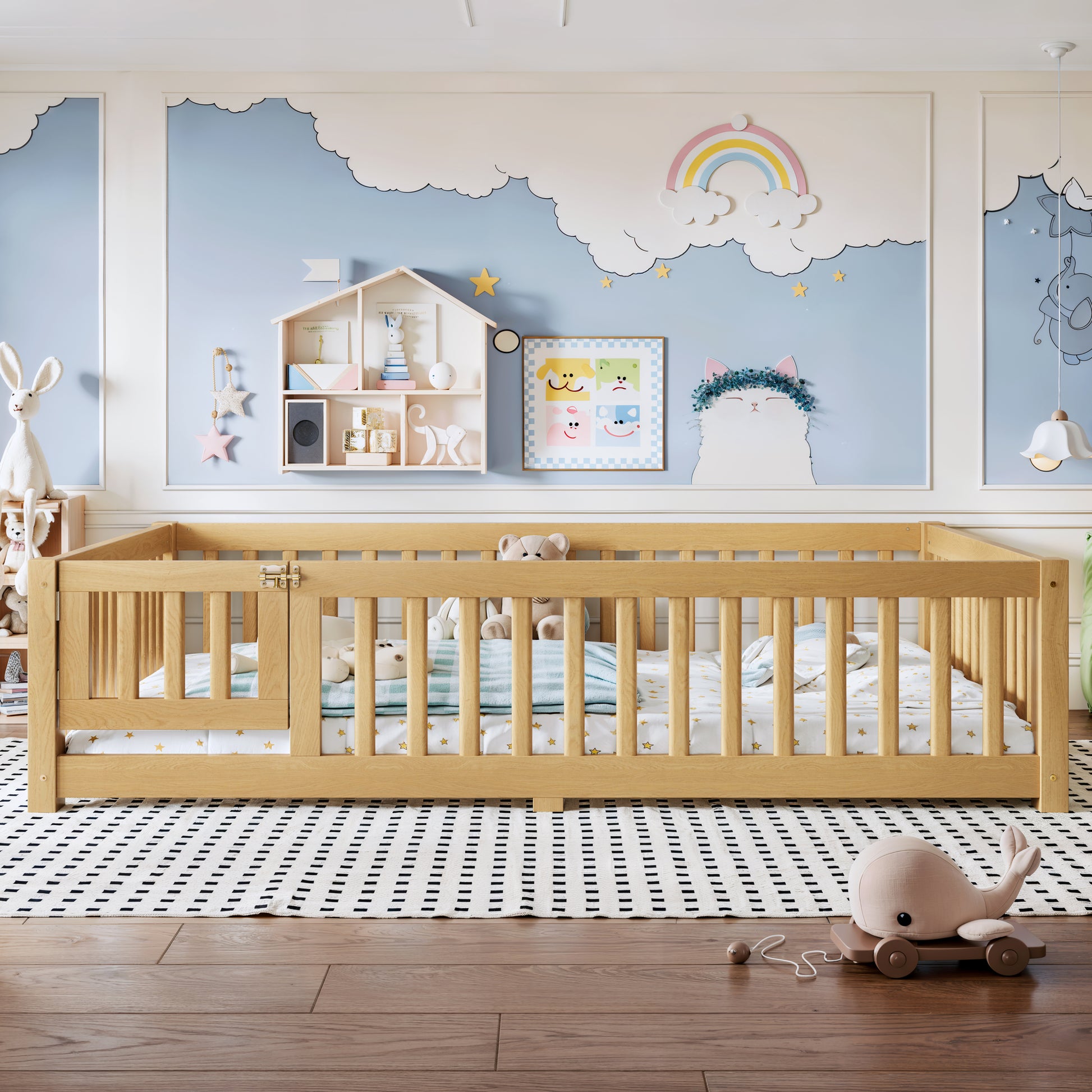variant-group:rf-w1580p462323|Roomfitters Full Size Wooden Floor Bed Frame with Safety Guardrails Door, Solid Wood Low Profile Toddler Play Bed, Natural