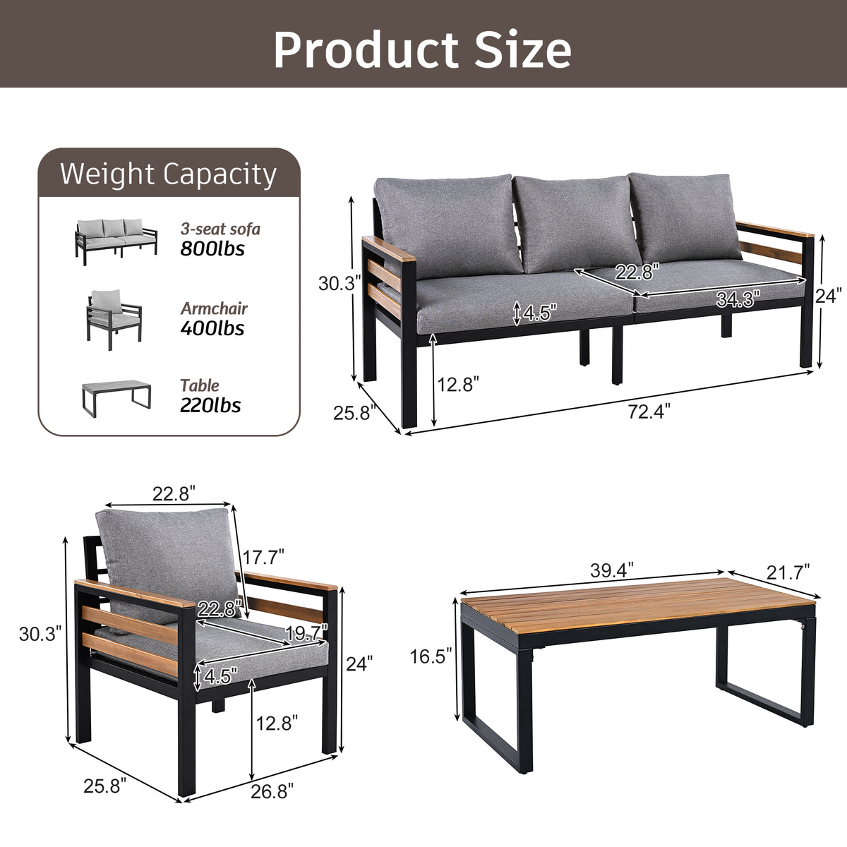 variant-group:rf-n704f201246e|Roomfitters 4-Piece Outdoor Patio Furniture Set with 3-Seater Sofa, 2 Armchairs and Coffee Table, Wood Accents, Grey