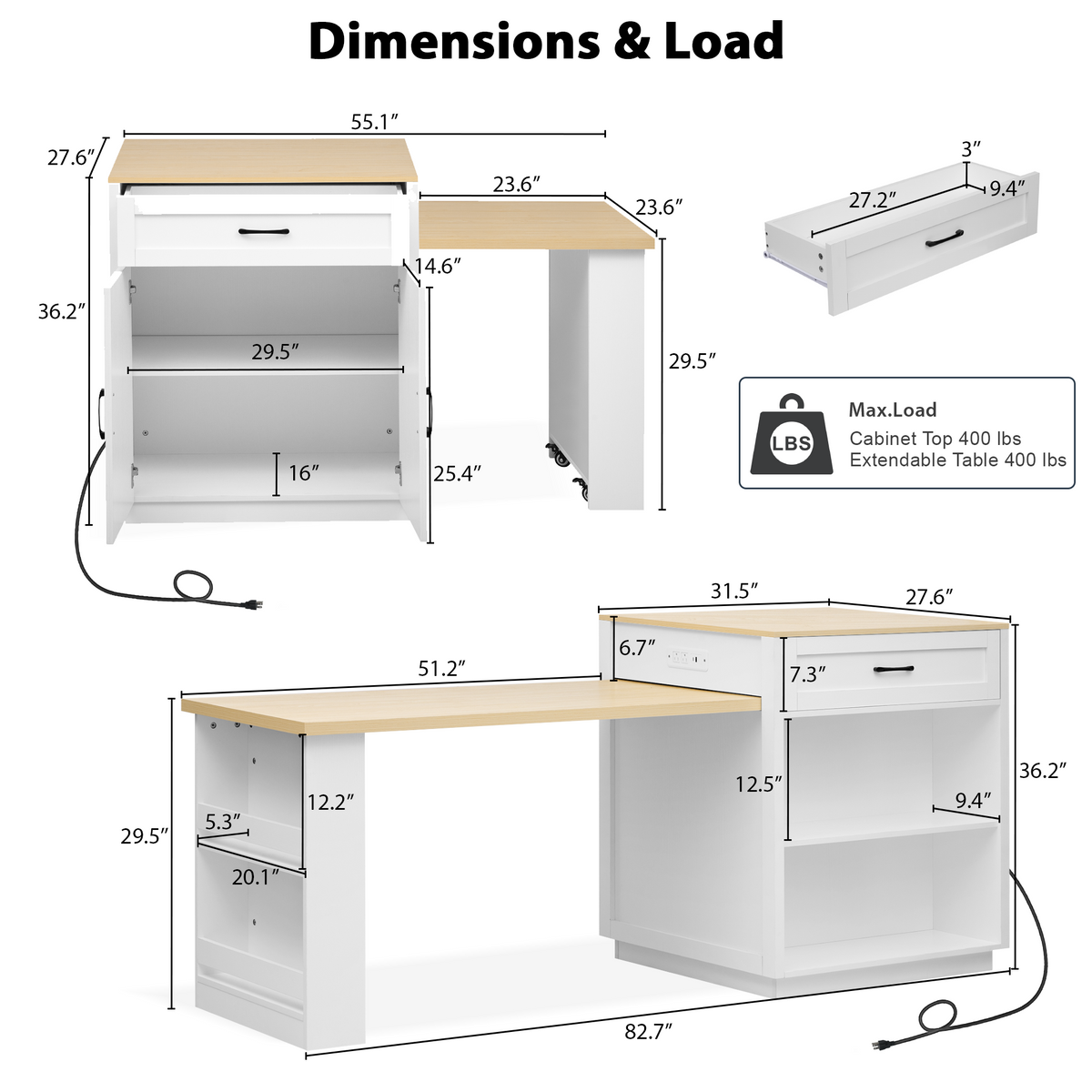 variant-group:rf-n707s000010w|Roomfitters 82.7" Kitchen Island with Extendable Table, Two-Tone Design, Double Storage, Power Outlet, White