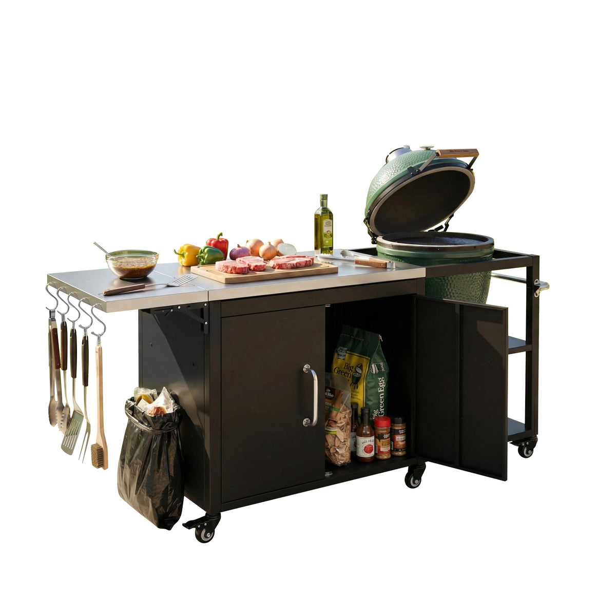 Roomfitters 76.6" Grill Cart with Stainless Steel Top and Kamado Nest, Folding Drop Leaf Prep Station, Mobile Cabinet, Black