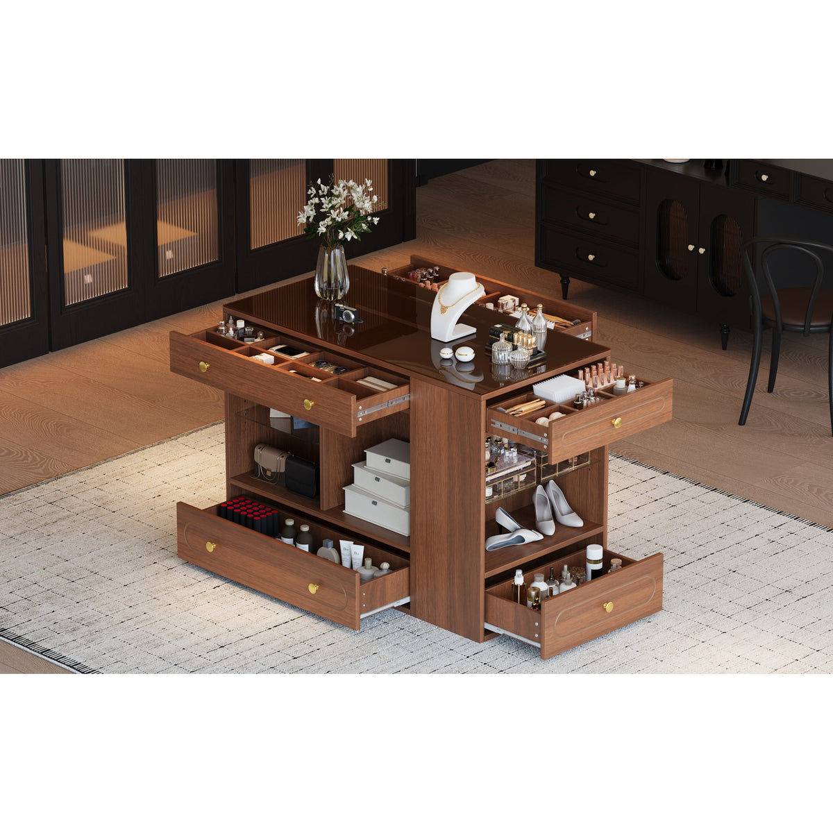 Roomfitters Closet Island with 6 Drawers, Glass Display Top and Open Shelves, Wardrobe Storage and Jewelry Vanity, Walnut