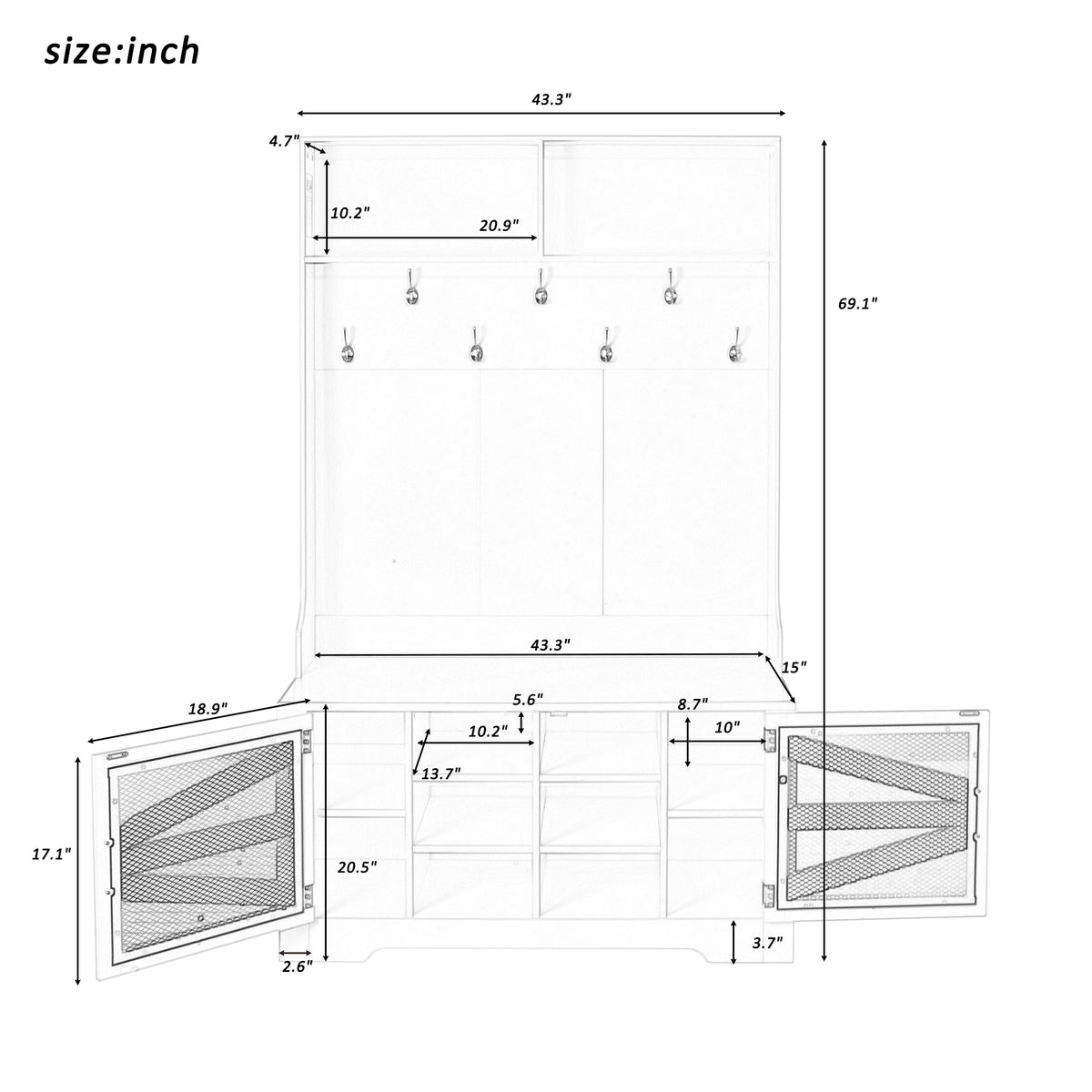 variant-group:rf-n724p264668k|Roomfitters 3-in-1 Entryway Bench with Coat Rack, Adjustable Shelves and 7 Hooks, 43.3" Hall Tree for Entrance or Living Room, White