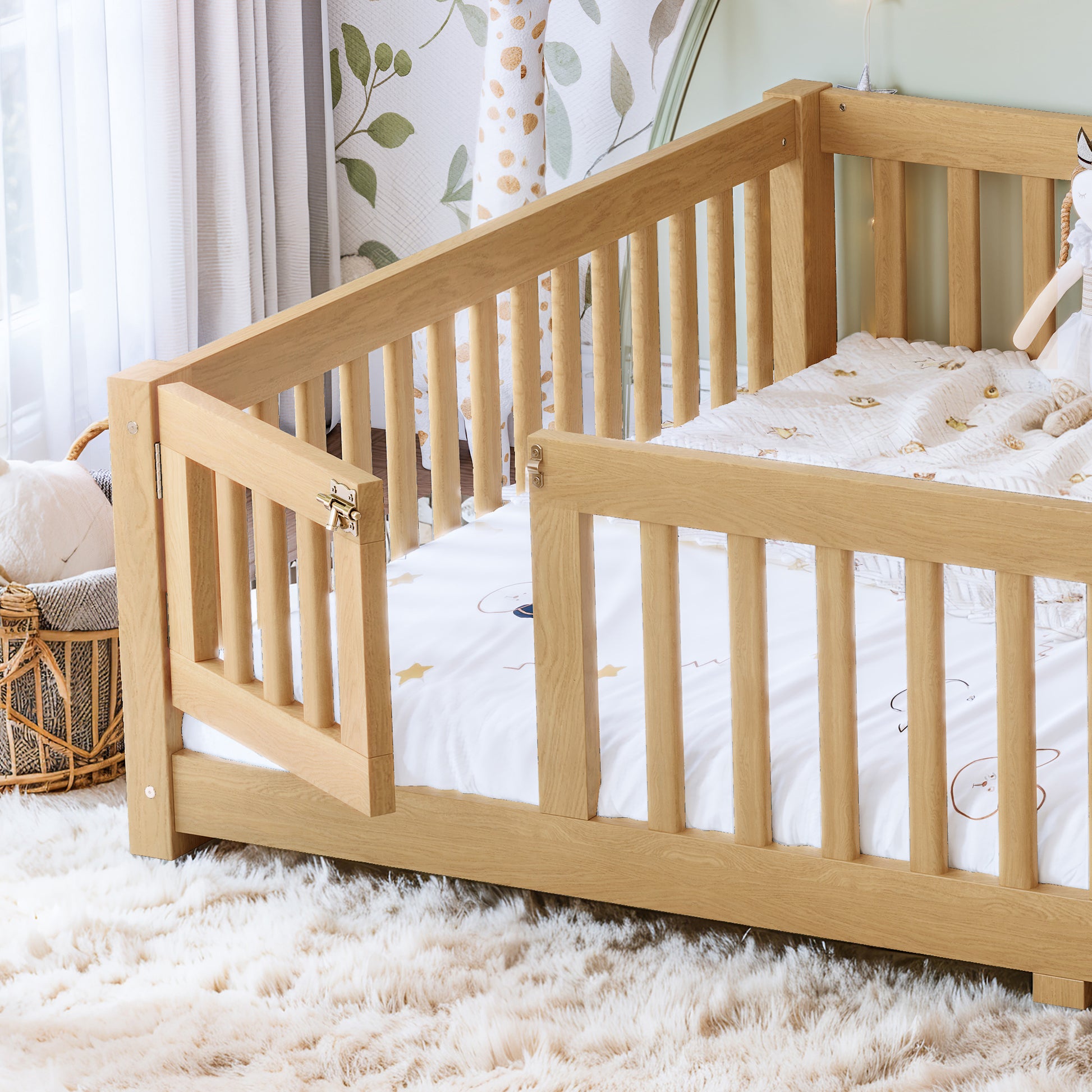 variant-group:rf-w1580p462325|Roomfitters Queen Size Wooden Floor Bed Frame with Safety Guardrails Door, Solid Wood Low Profile Toddler Play Bed, Natural
