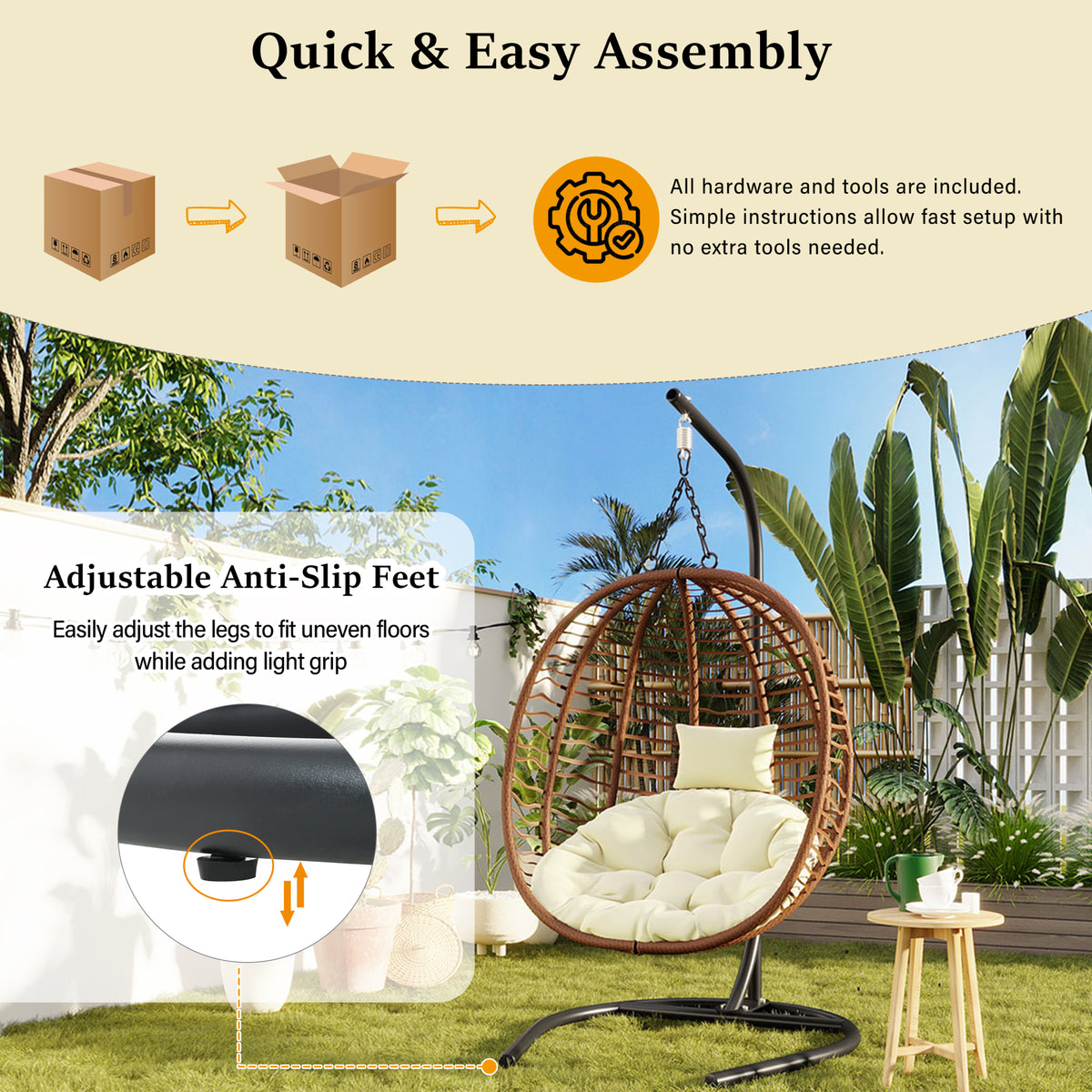 variant-group:rf-n711p389503k|Roomfitters Single Person Folding Egg Chair with Stand, UV Resistant Wicker Rattan Swing for Patio, Garden, Brown+Beige