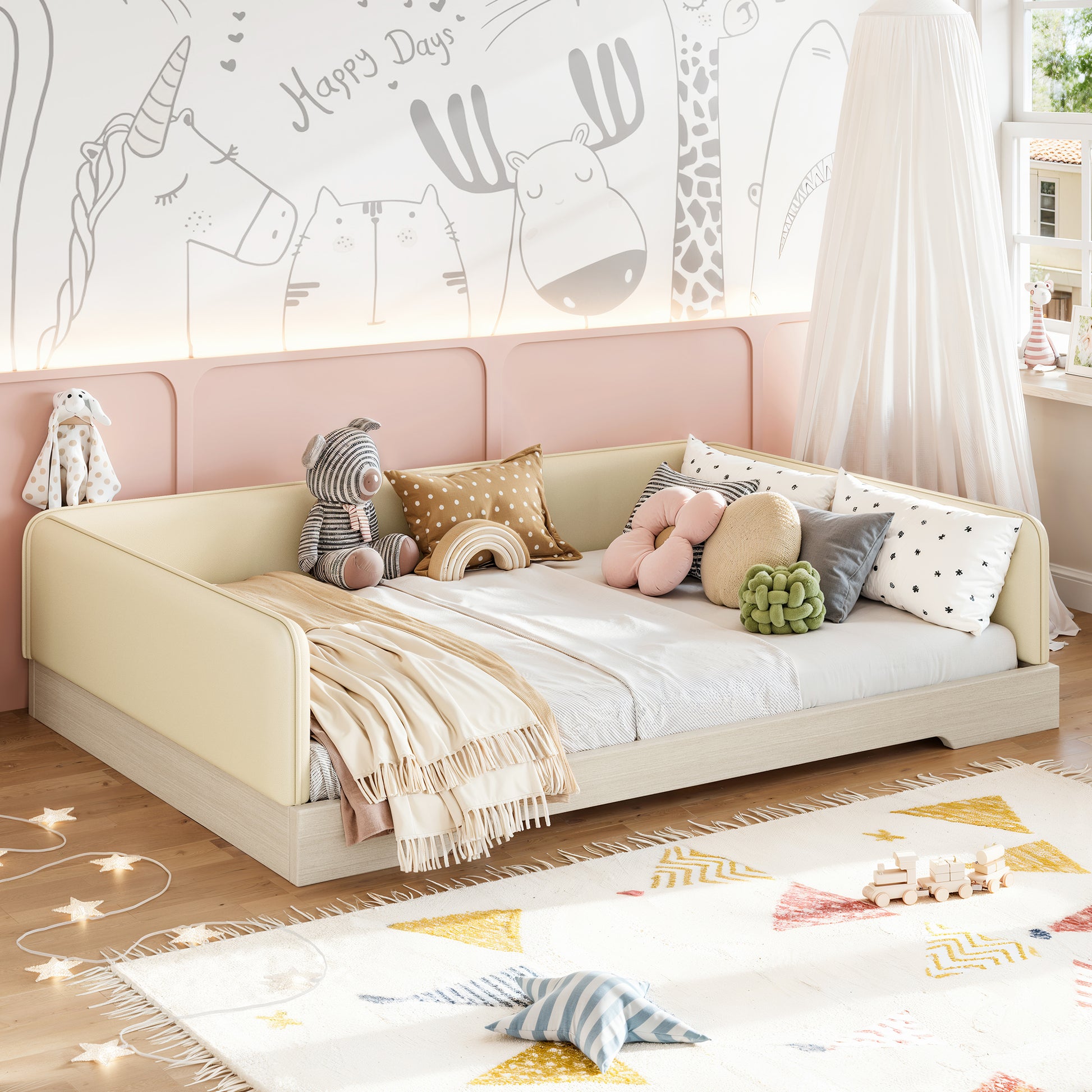variant-group:rf-w1580s00671|Roomfitters Full Size Upholstered Floor Bed Frame with Removable Guardrails, Faux Leather Low Profile Platform, Beige