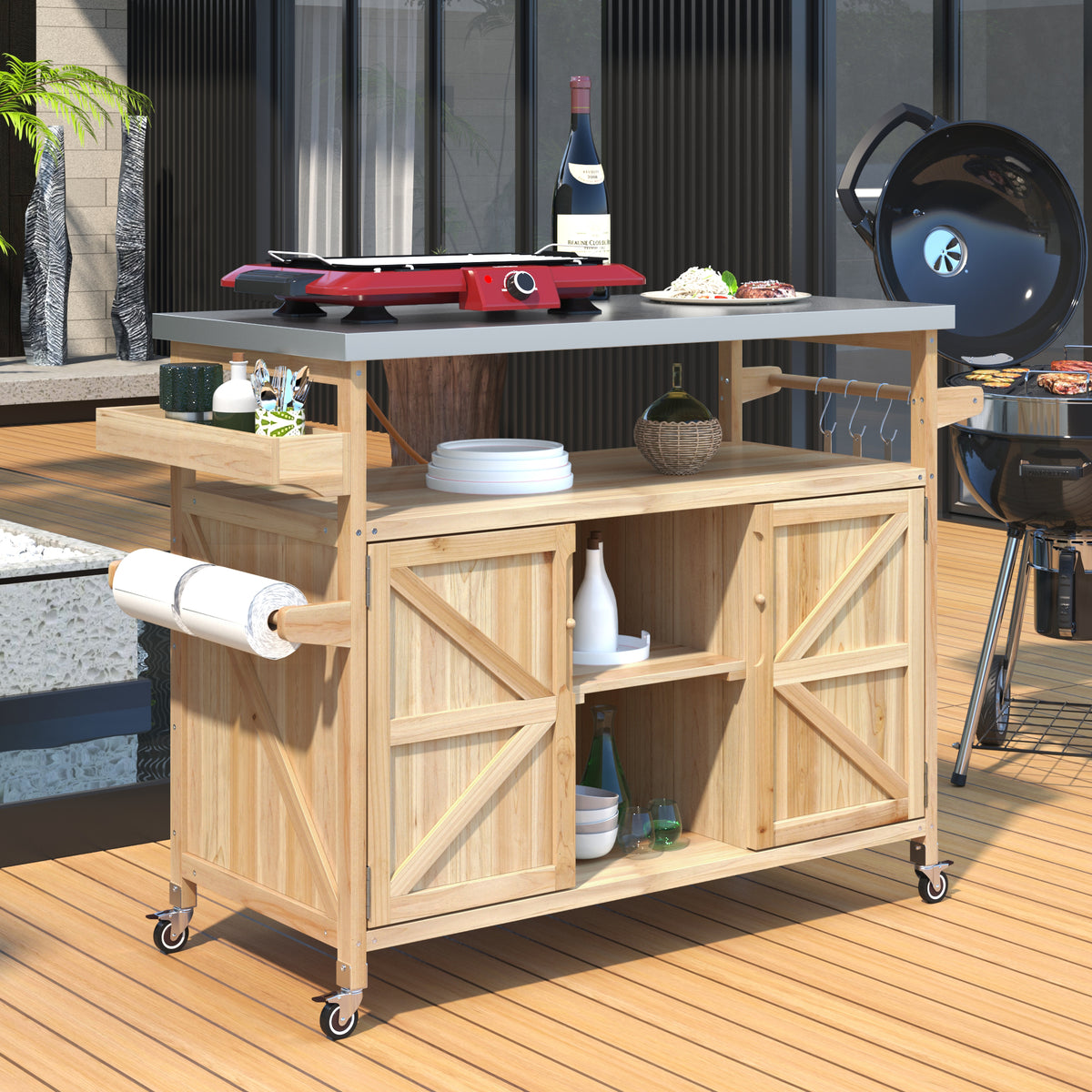 variant-group:rf-n707wf532198aay|Roomfitters Outdoor Kitchen Island Rolling Bar Cart & Storage Cabinet, Farmhouse Solid Wood Outdoor Grill Table with Stainless Steel Top, Spice Rack, Towel Rack for Kitchen & Barbecue, Natural