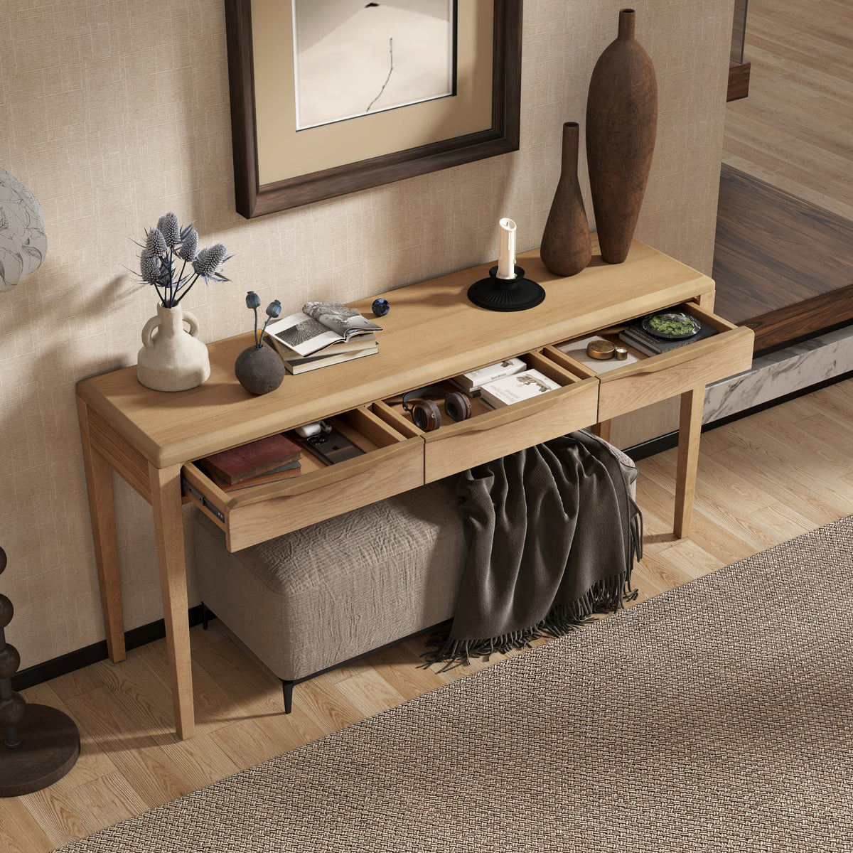 variant-group:rf-n711p401926n|Roomfitters Light Luxury Natural Oak Veneer Console Table with 3 Wavy Curved Drawers and Soft Rounded Corners