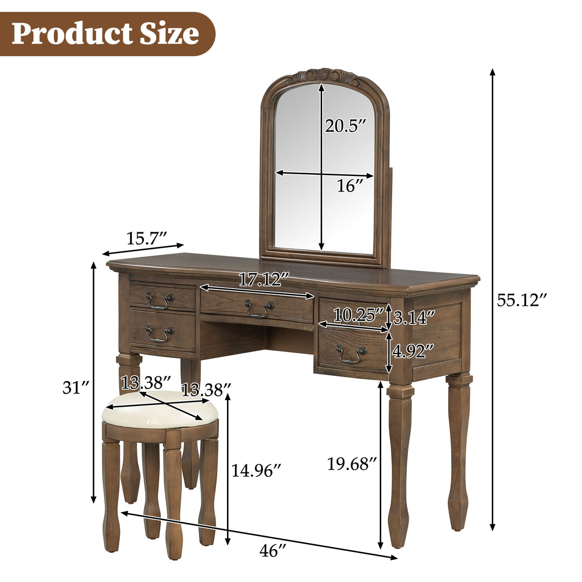 Roomfitters 46-Inch Vintage Makeup Vanity Table with Curved Flower Frame Mirror and Upholstered Leather Stool Espresso Roomfitters