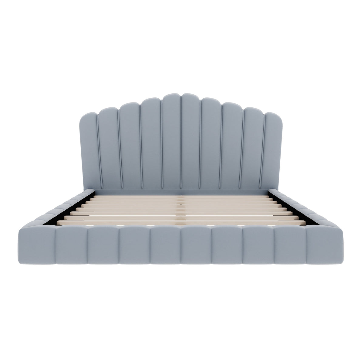 Roomfitters Queen Size Shell-Shaped Velvet Upholstered Platform Bed, Channel Tufted Headboard, No Box Spring Needed, Light Blue Roomfitters