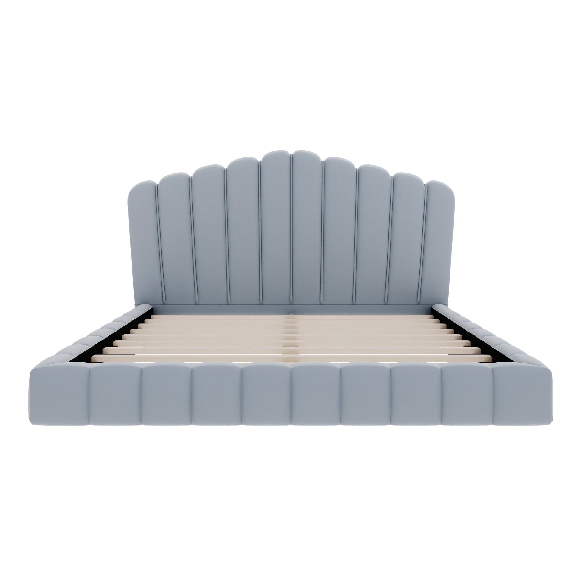 Roomfitters Queen Size Shell-Shaped Velvet Upholstered Platform Bed, Channel Tufted Headboard, No Box Spring Needed, Light Blue Roomfitters