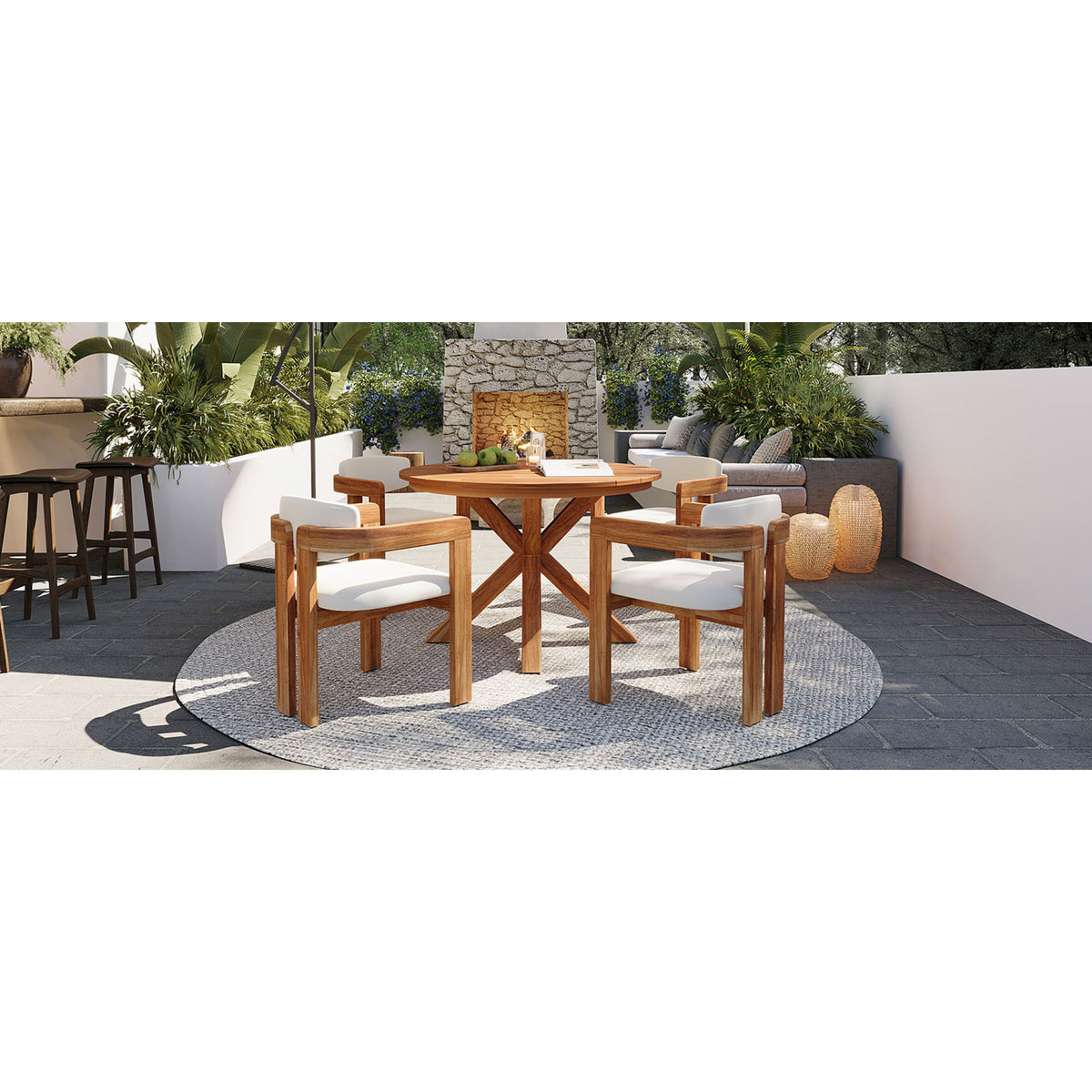 variant-group:rf-n704g201258a|Roomfitters 5-Piece Outdoor Acacia Wood Round Dining Set with Ergonomic Barrel Armchairs Beige Cushions