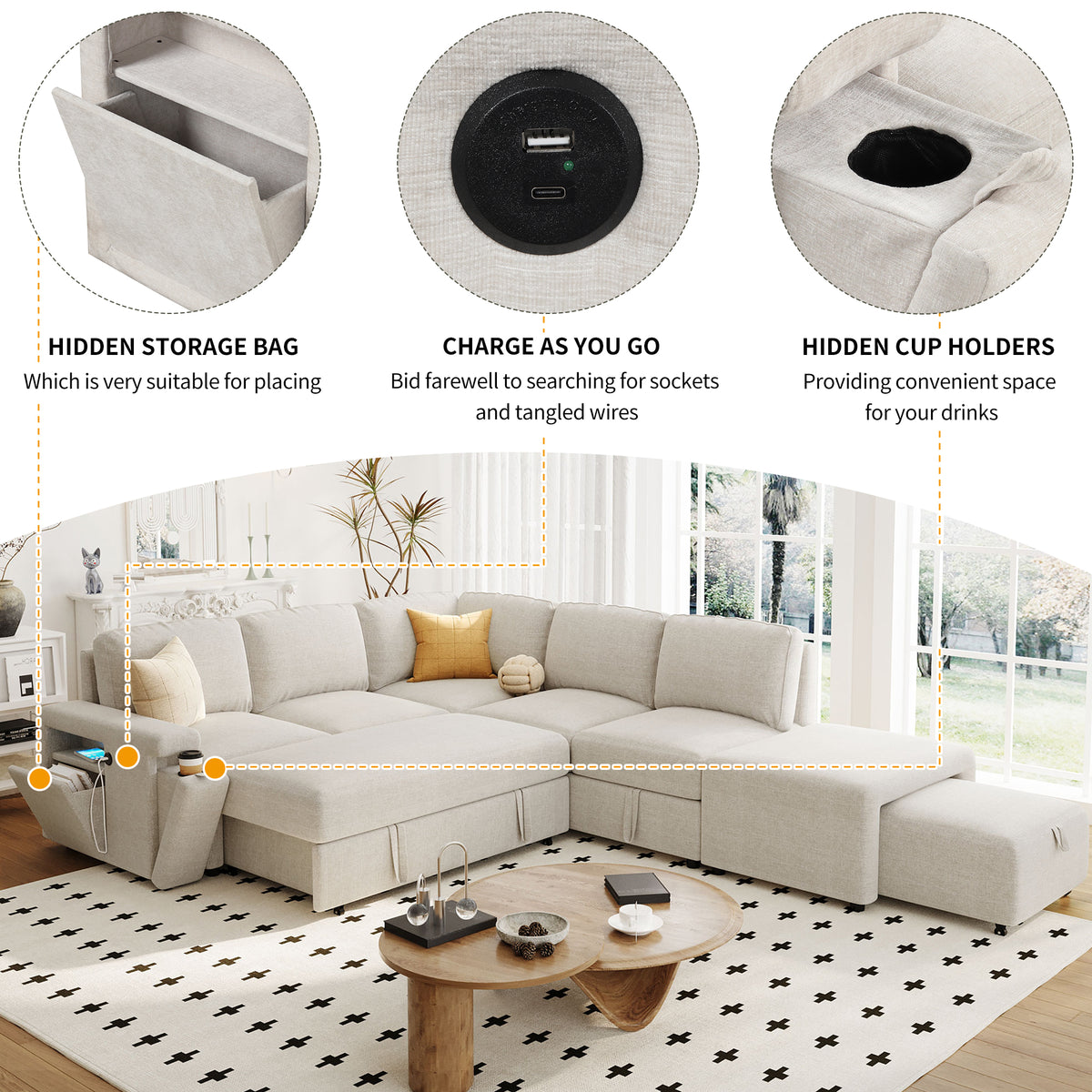 variant-group:rf-n711wy000390aaa|Roomfitters L-Shaped Padded Modular Sofa with Storage Space, USB Ports, and Cup Holders on the Armrests, Suitable for Living Rooms, Offices, and Apartments, Beige