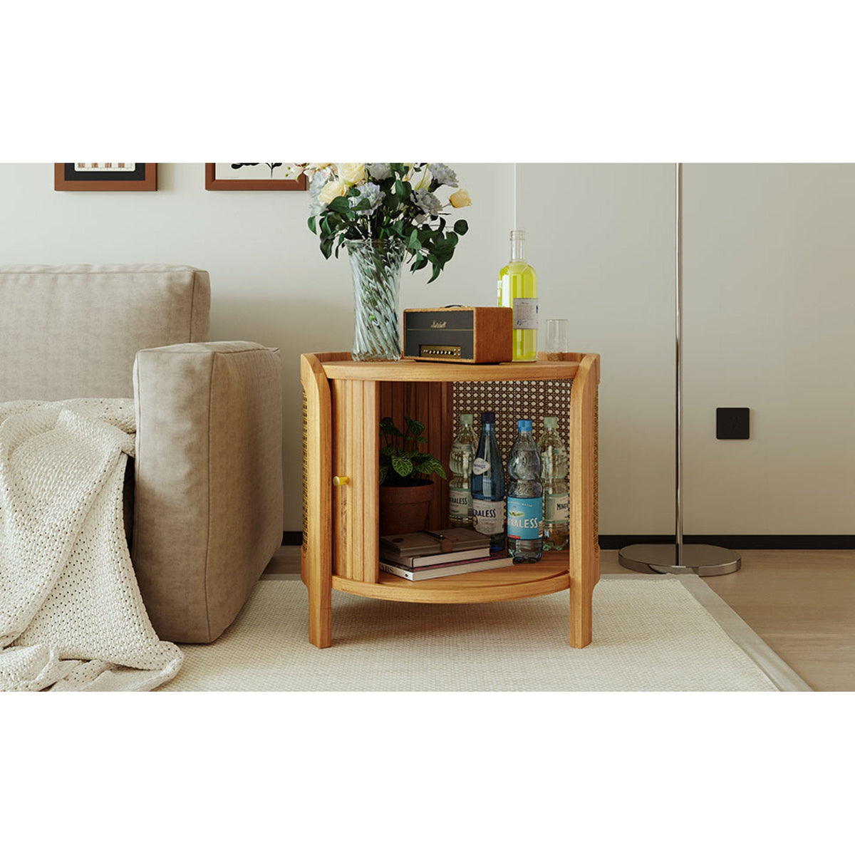 Roomfitters Modern Round Rotating Coffee Table with Woven PE Rattan Details, Antique Brown Roomfitters