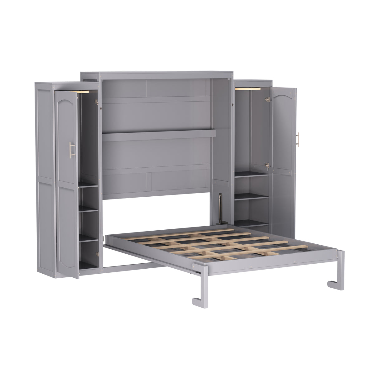 variant-group:rf-n733s235596e|Roomfitters Full Murphy Wall Bed with Two Wardrobes and Storage Shelf, Foldable Platform Bed Frame for Guest Room, Gray