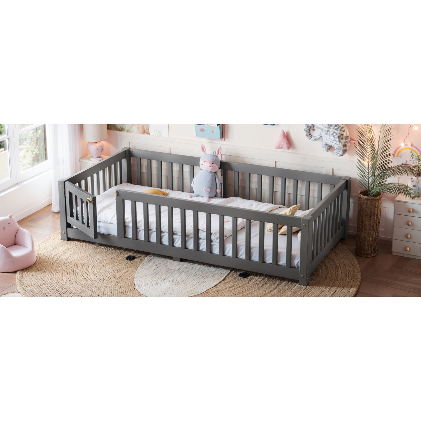 variant-group:rf-w1580p462312|Roomfitters Twin Size Wooden Floor Bed Frame with Safety Guardrails Door, Solid Wood Low Profile Toddler Play Bed, Gray
