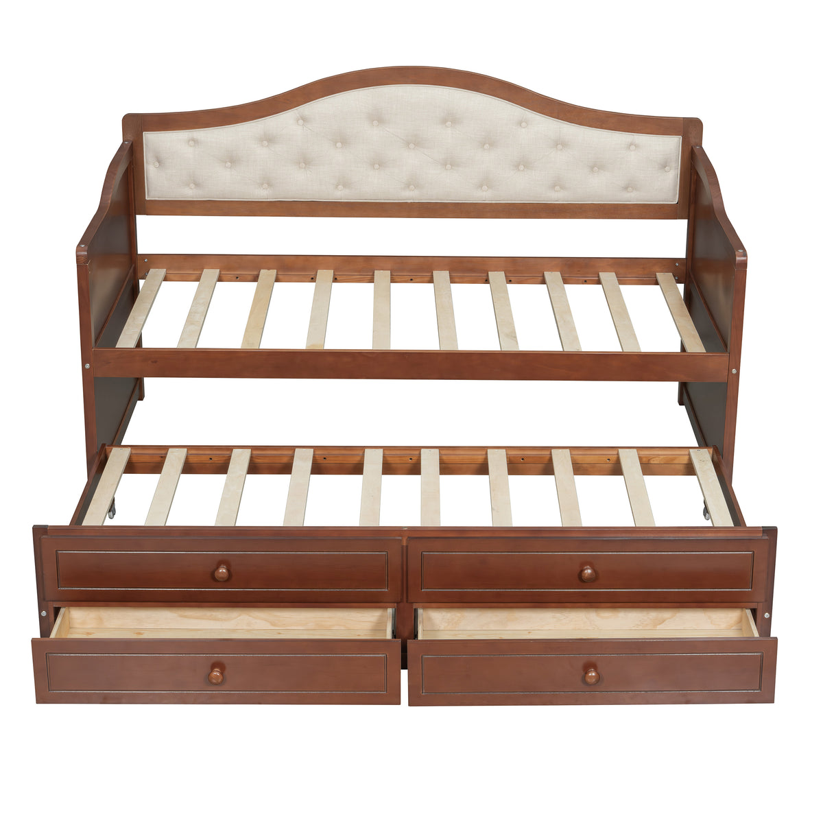variant-group:rf-n733s346767d|Roomfitters Twin Daybed with Trundle, Wooden Sofa Bed with 2 Storage Drawers & Tufted Backrest, Walnut