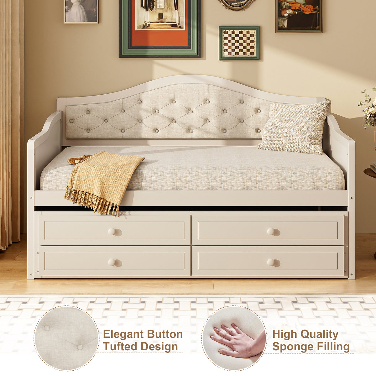 variant-group:rf-n733s346767a|Roomfitters Twin Daybed with Trundle, Wooden Sofa Bed with 2 Storage Drawers & Tufted Backrest, Beige