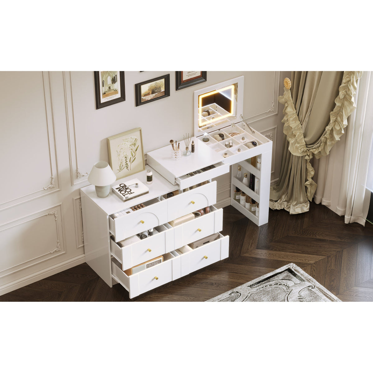 Roomfitters Vanity Desk with Mirror & Lights, Flip-Top Makeup Table with 7 Drawers, 9 Compartments, 3 Shelves, White