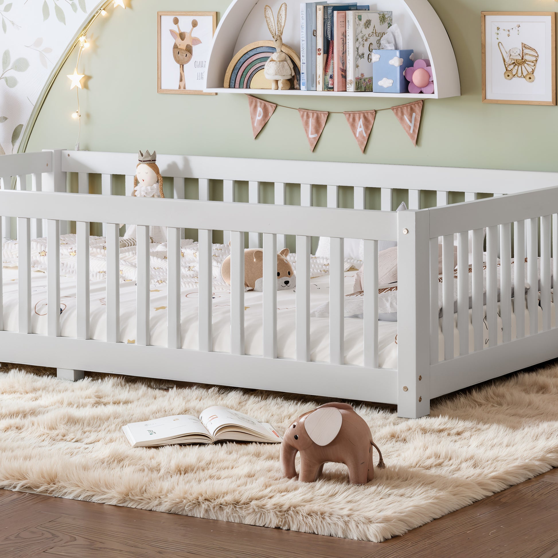 variant-group:rf-w1580p462324|Roomfitters Queen Size Wooden Floor Bed Frame with Safety Guardrails Door, Solid Wood Low Profile Toddler Play Bed, White