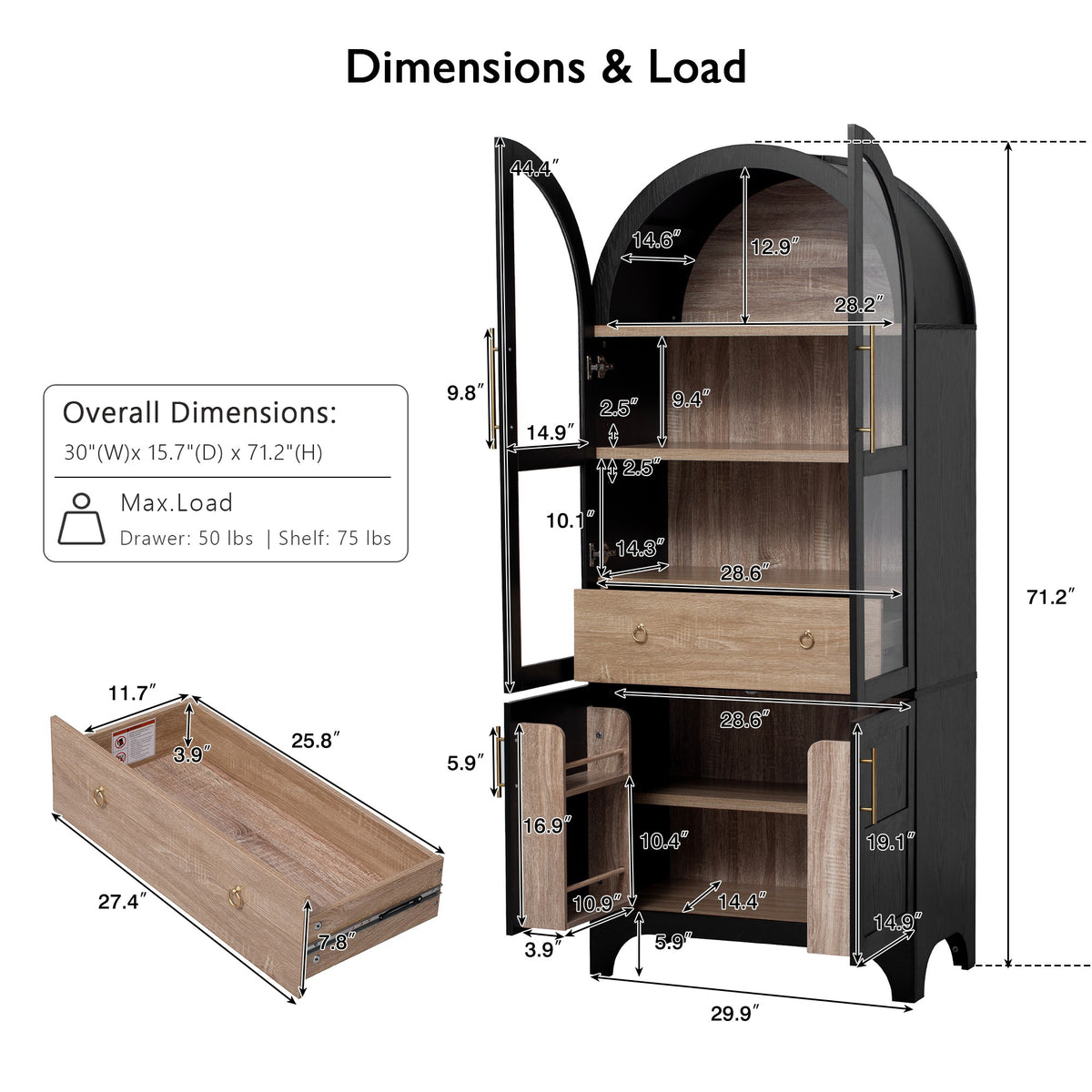 variant-group:rf-n707s288969b|Roomfitters 71" Pantry Cabinet with Arched Top & Glass Doors, 4-Door Storage Hutch with Adjustable Shelves for Kitchen, Black