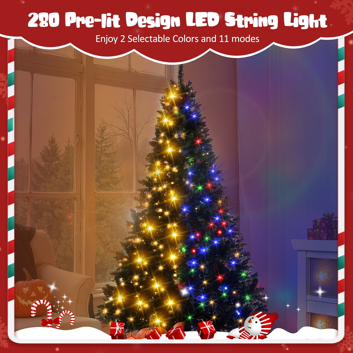 Roomfitters Pre-Lit Black Artificial Christmas Tree 6FT, Hinged Holiday Spruce Tree with 920 Tips and Color-Changing Lights Roomfitters