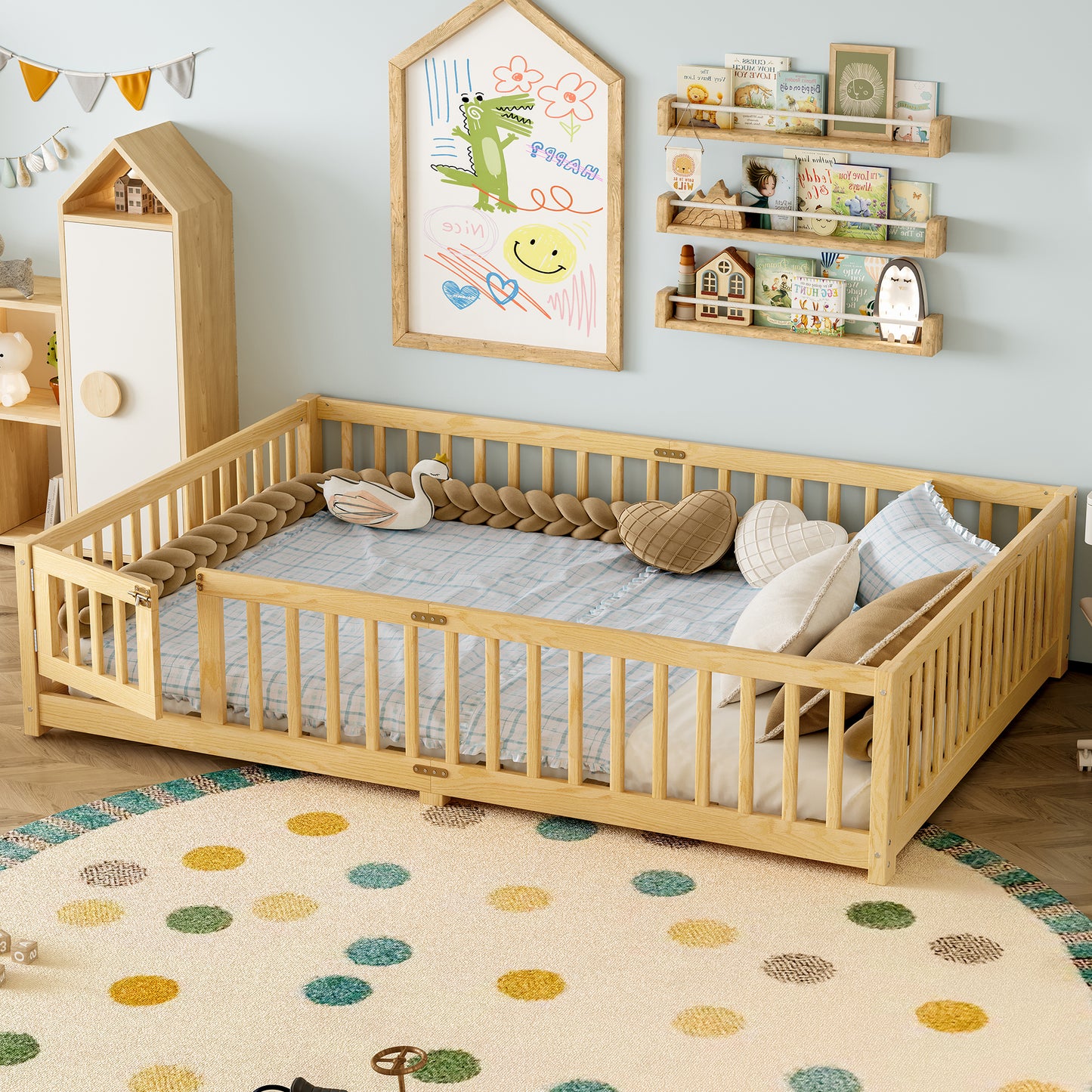 variant-group:rf-w1580p338954|Roomfitters Wooden Queen Floor Bed Frame with Door & Safety Guardrails, Low Platform Design for Bedroom or Playroom, Natural