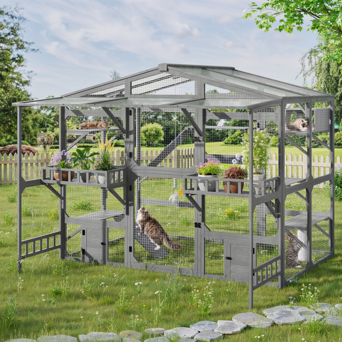 variant-group:rf-n704g201620e|Roomfitters Extra Large Wood Catio Cat Cage Outdoor Kennel with Transparent Sunroof and Dual Storage Shelves Gray