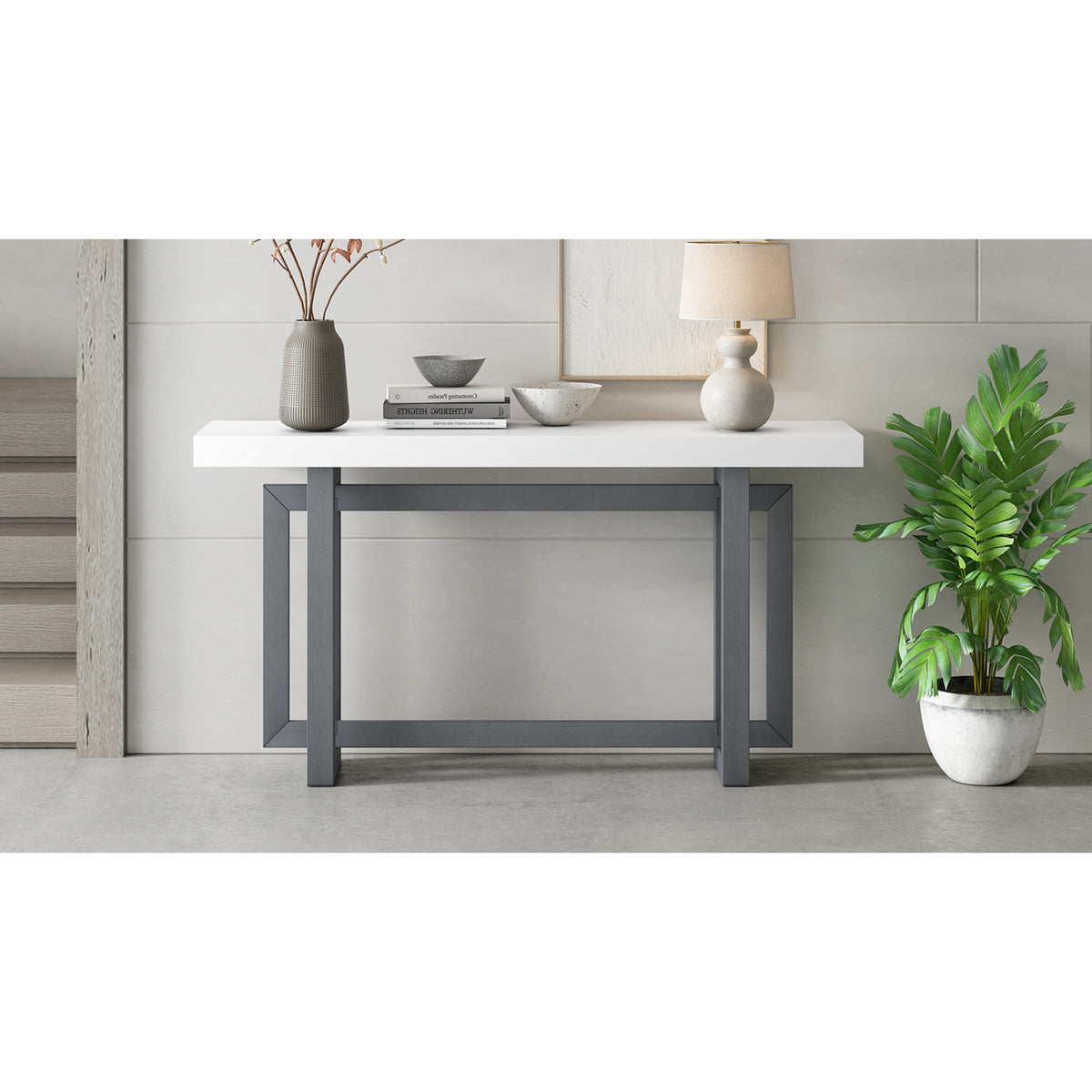 variant-group:rf-n711p410422m|Roomfitters Contemporary Dark Grey and White Pine Veneer Extra Long Console Table with Unique Triple Rectangle Solid Wood Legs