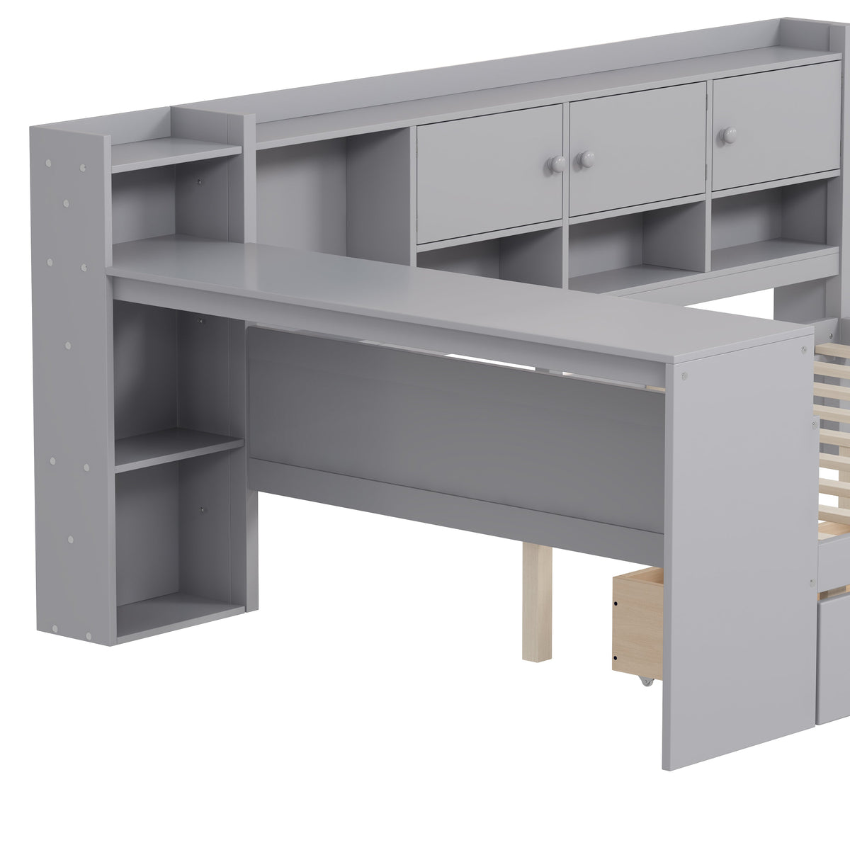 Roomfitters Full Size Wooden L-Shaped Daybed with 3 Cabinets, 2 Drawers, Desk and Bookshelf, Gray