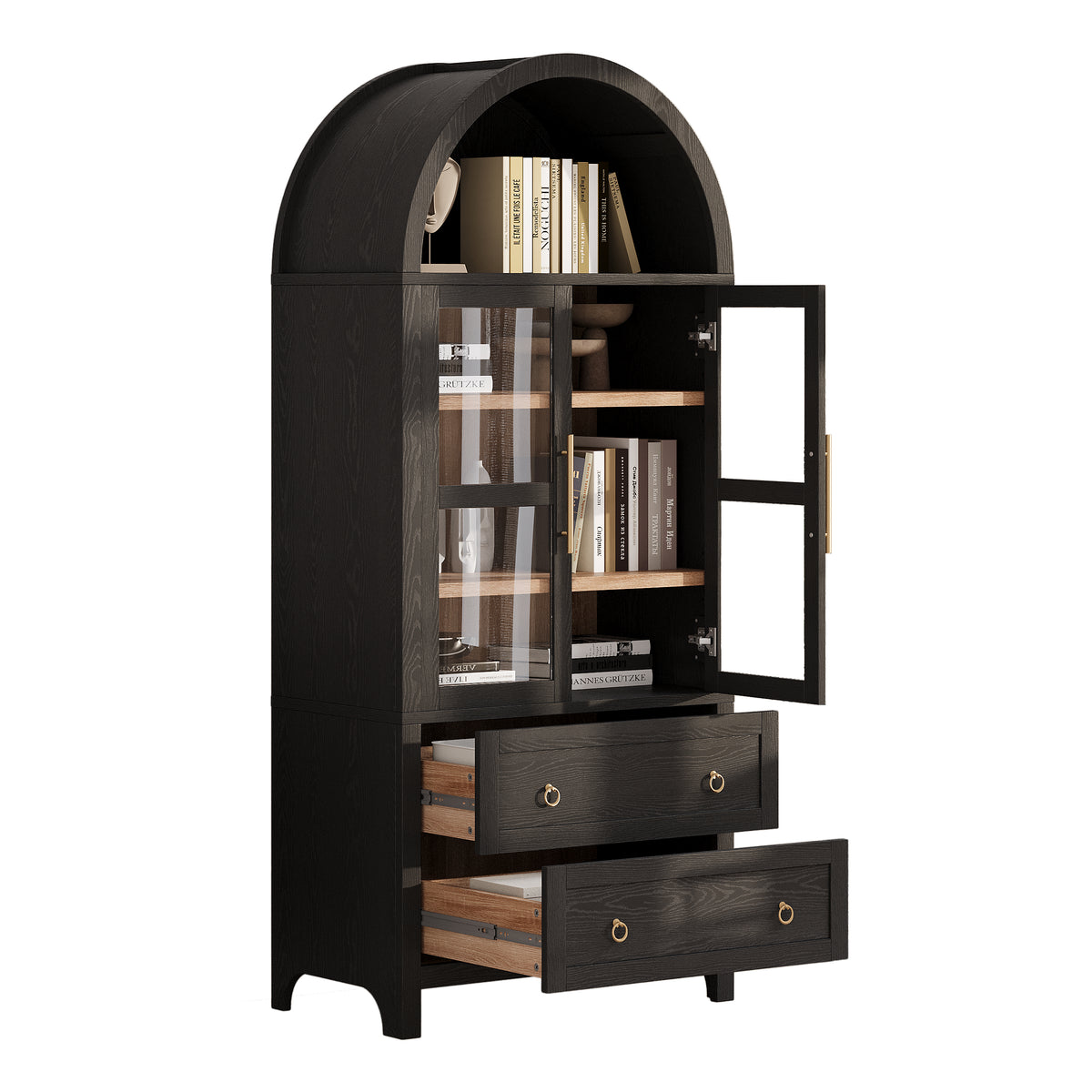 variant-group:rf-n707p288972b|Roomfitters 71" Pantry Cabinet with Arched Top and Glass Doors, 2 Storage Drawers and Adjustable Shelves for Kitchen, Black