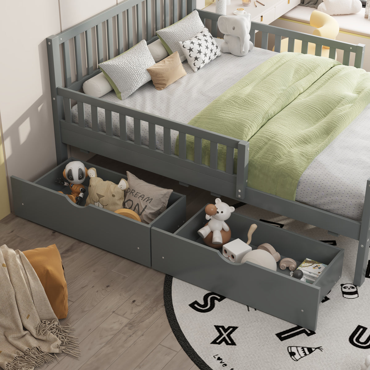 variant-group:rf-n733p172700e|Roomfitters Full Size Wood Platform Bed with Guardrails and Two Storage Cabinets, Grey